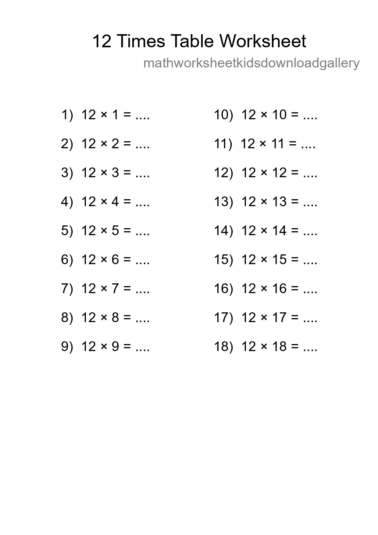 12 Times Table Worksheet For Grade 4 With Answers - Part 218
