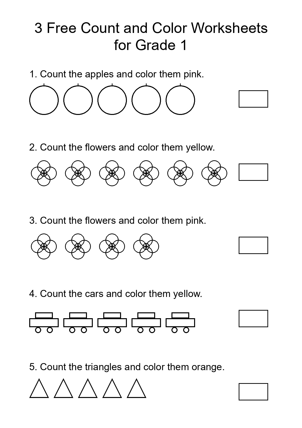 3 Free Count and Color Worksheets for Grade 1