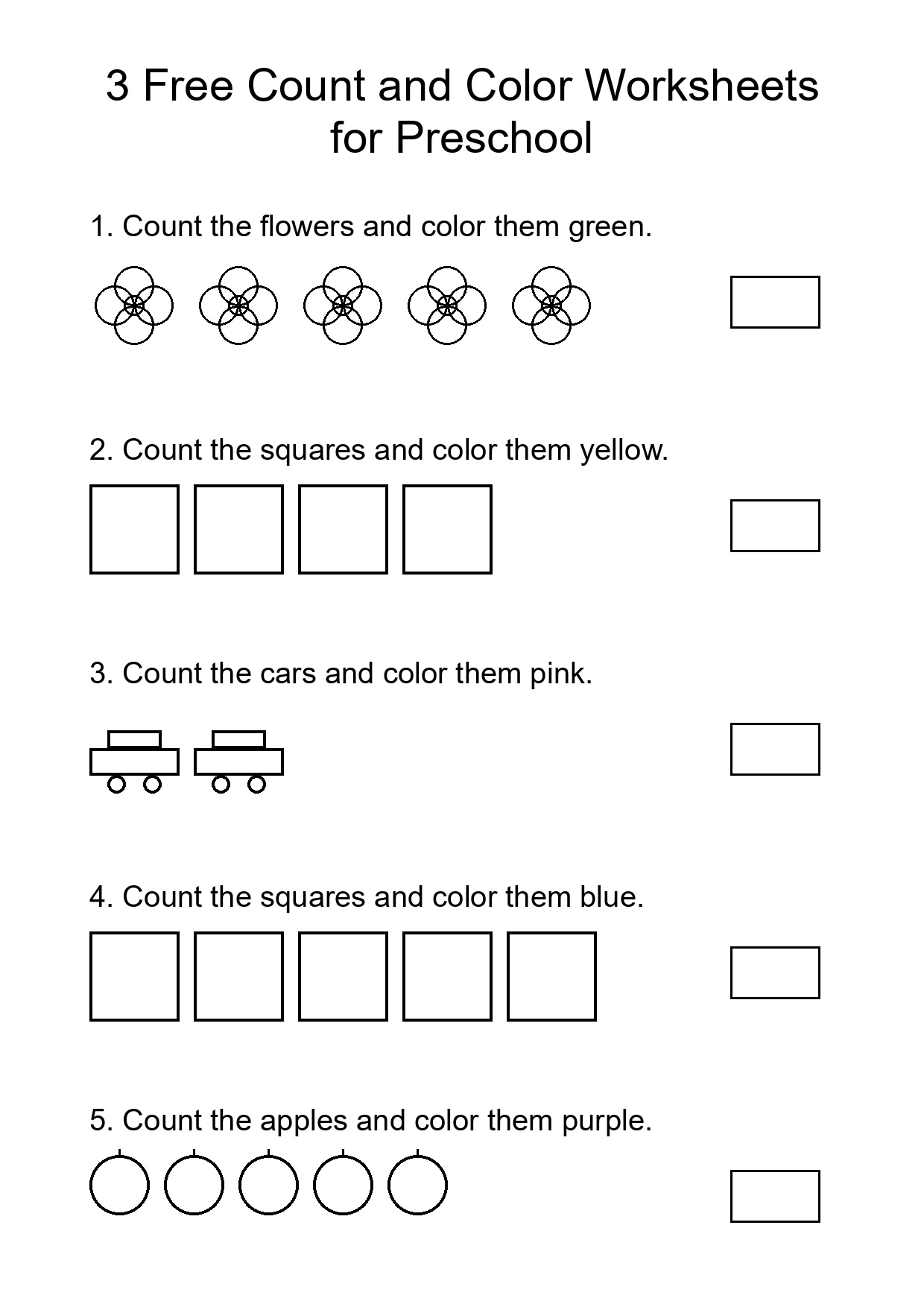 3 Free Count and Color Worksheets for Preschool
