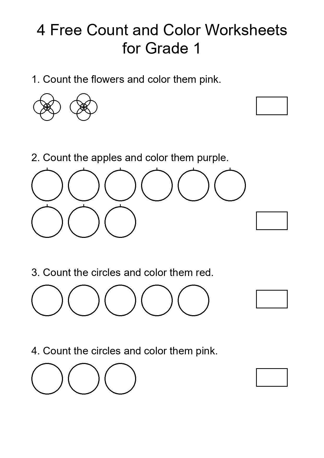 4 Free Count and Color Worksheets for Grade 1