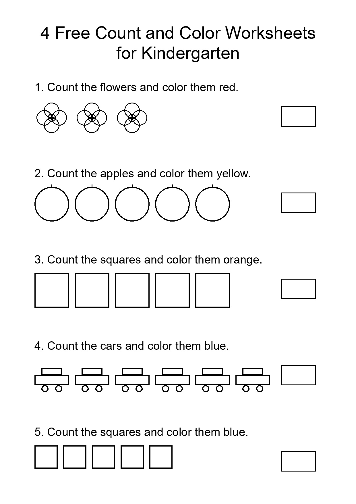 4 Free Count and Color Worksheets for Kindergarten