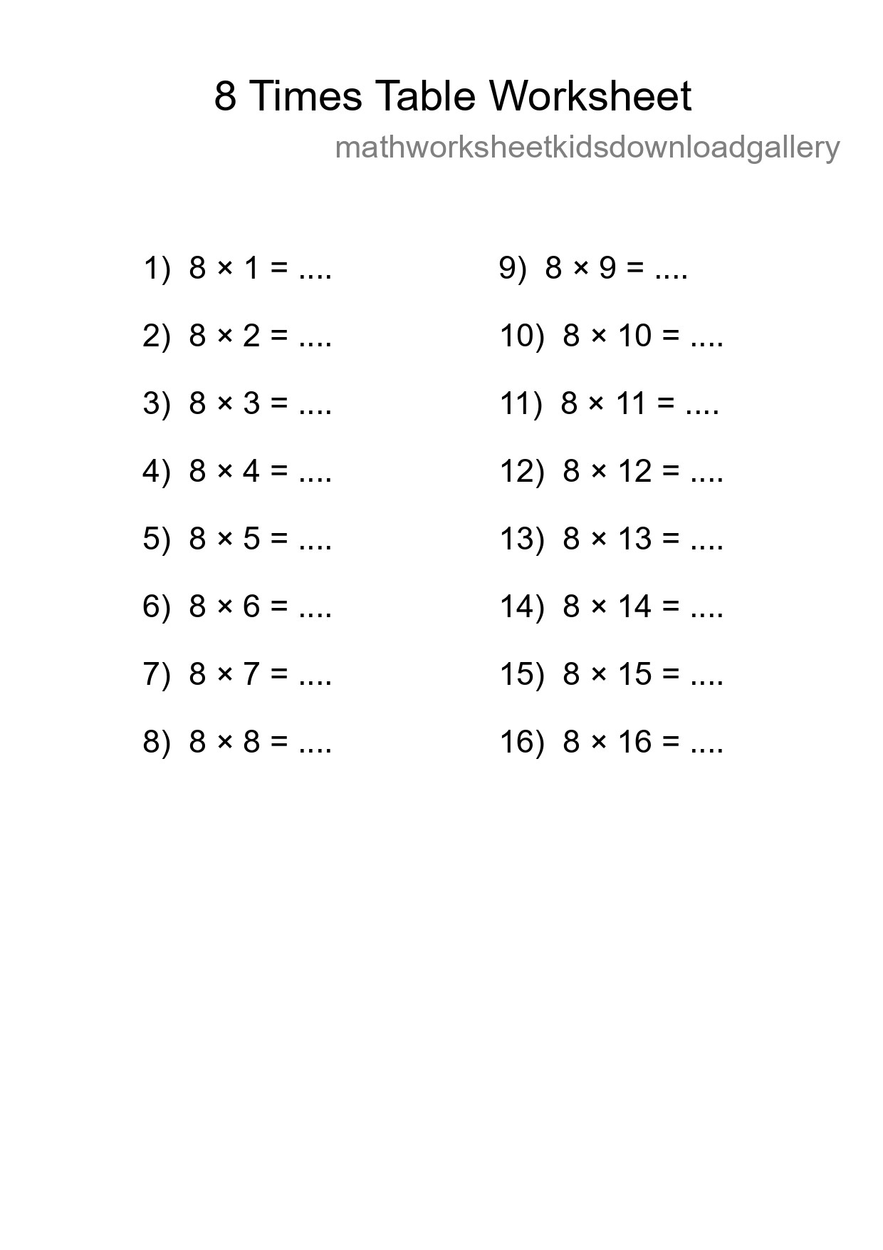 8 Times Table Worksheet For Grade 3 - Part 207