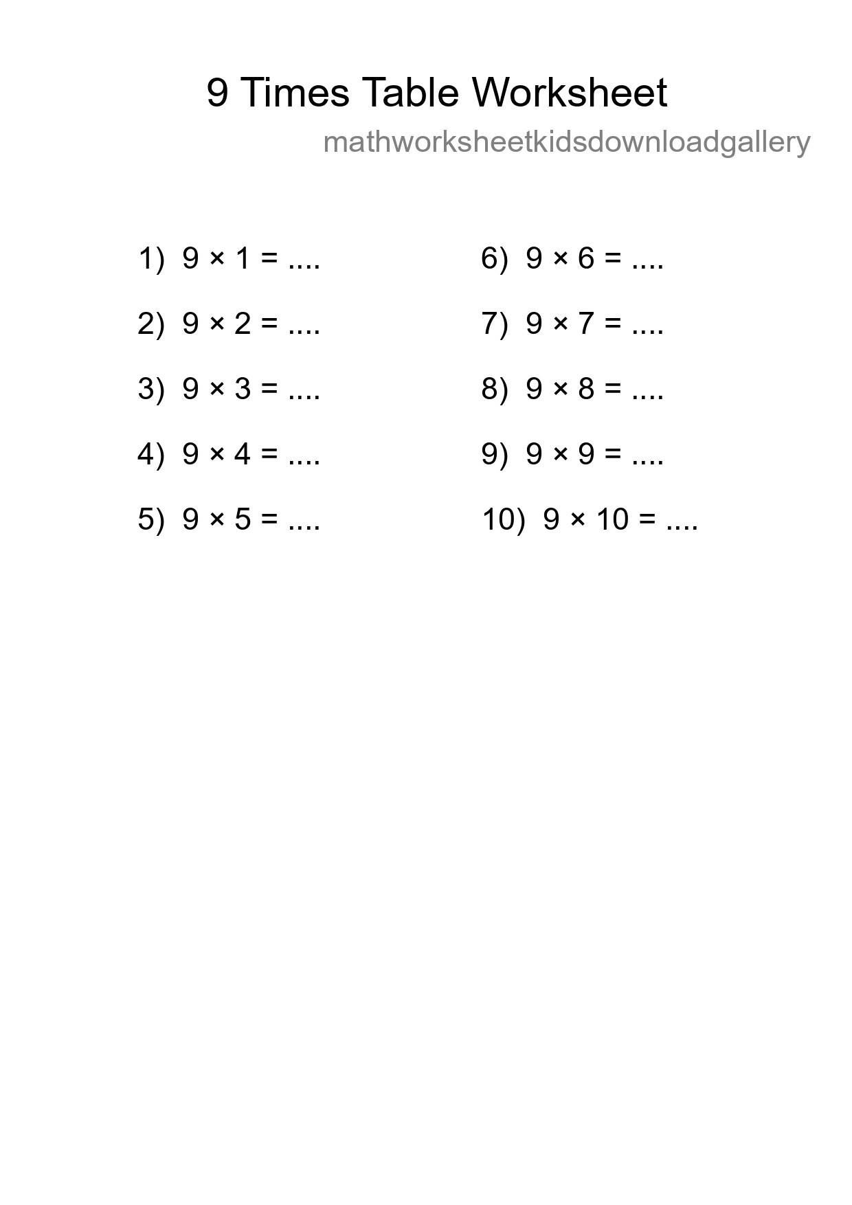 9 Times Table Worksheet For Grade 3 With Answers - Part 20