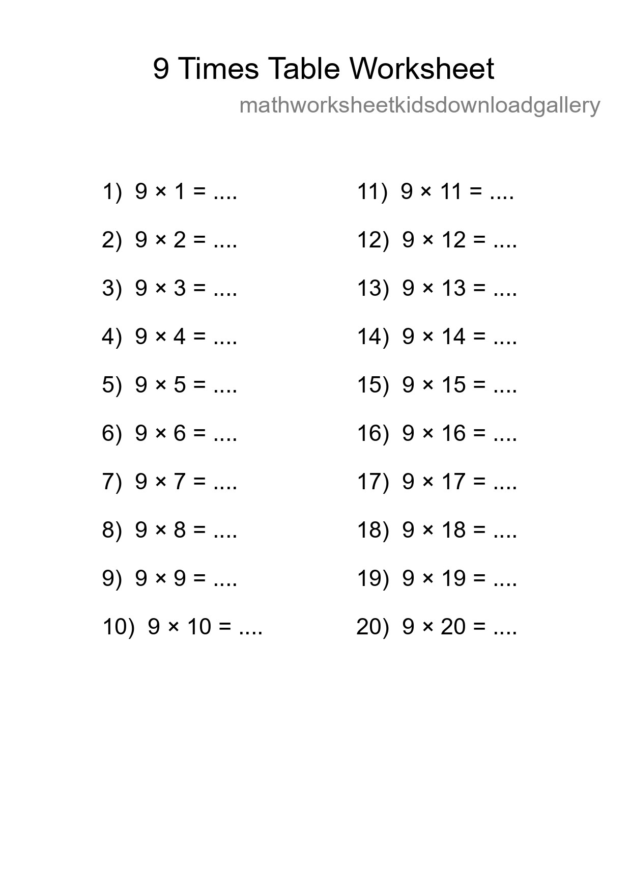 9 Times Table Worksheet For Grade 3 With Answers - Part 229