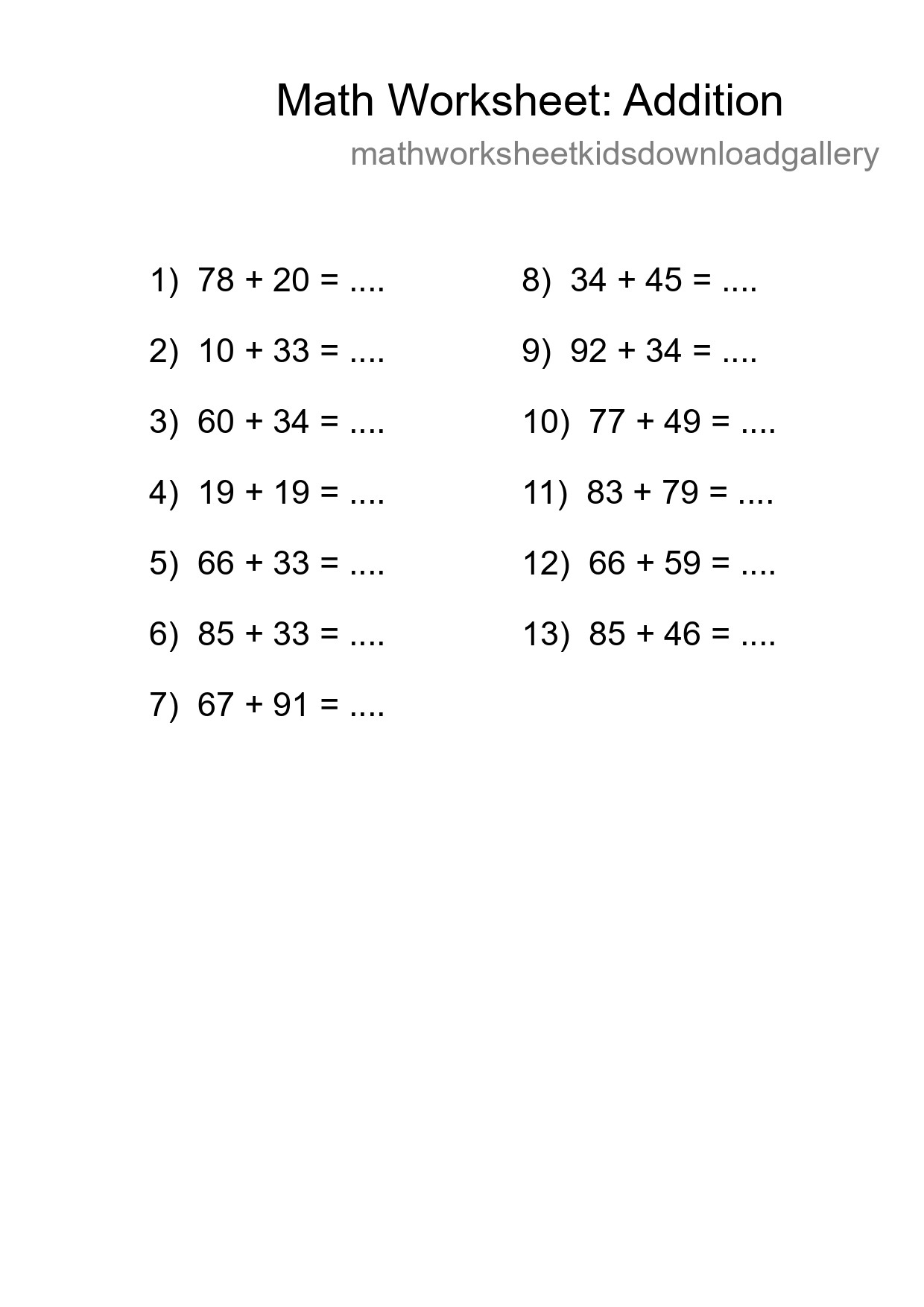 Free 13 Addition Math Worksheet For Grade 3