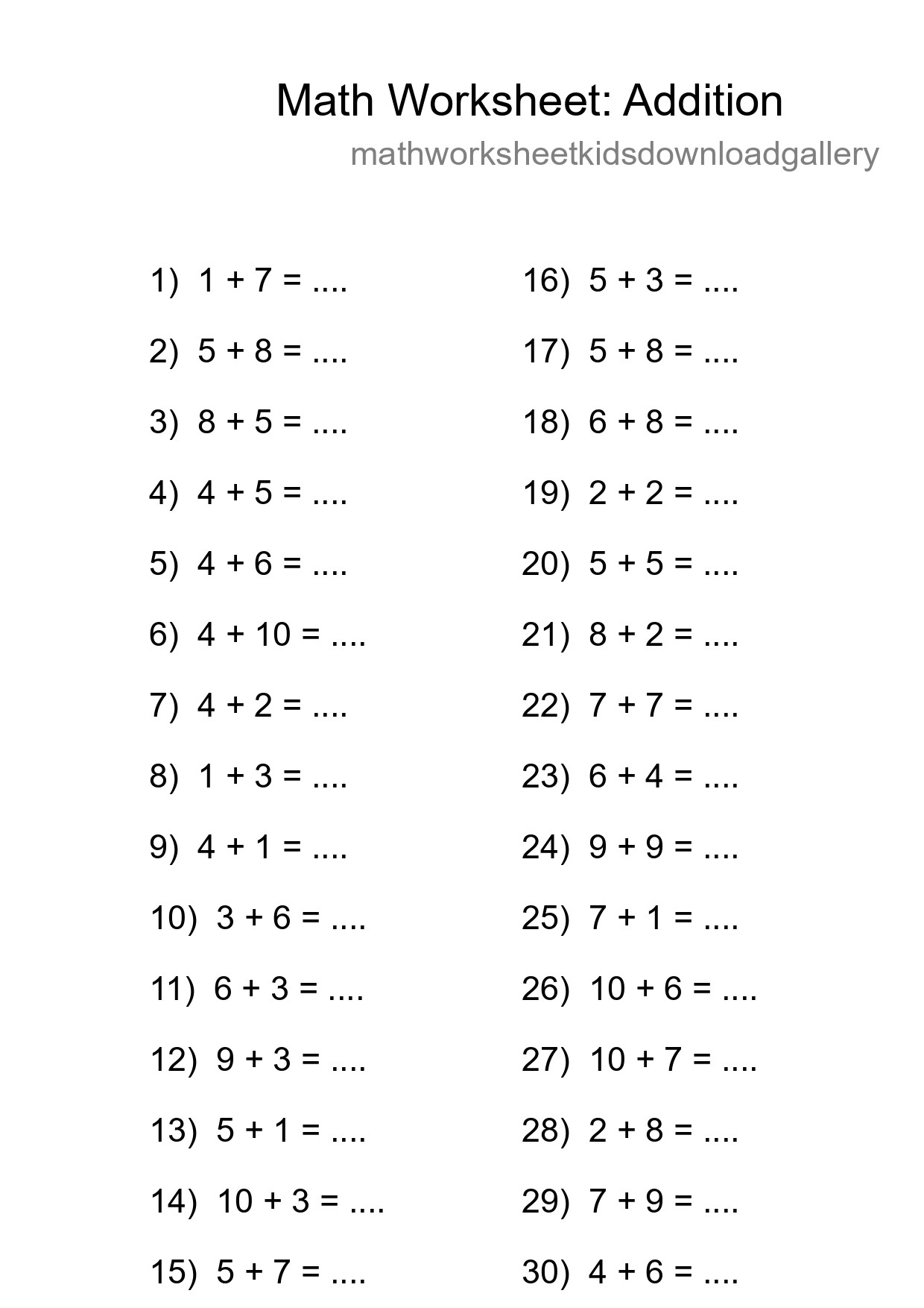 Free 30 Addition Math Worksheet For Grade 1 - Part 34