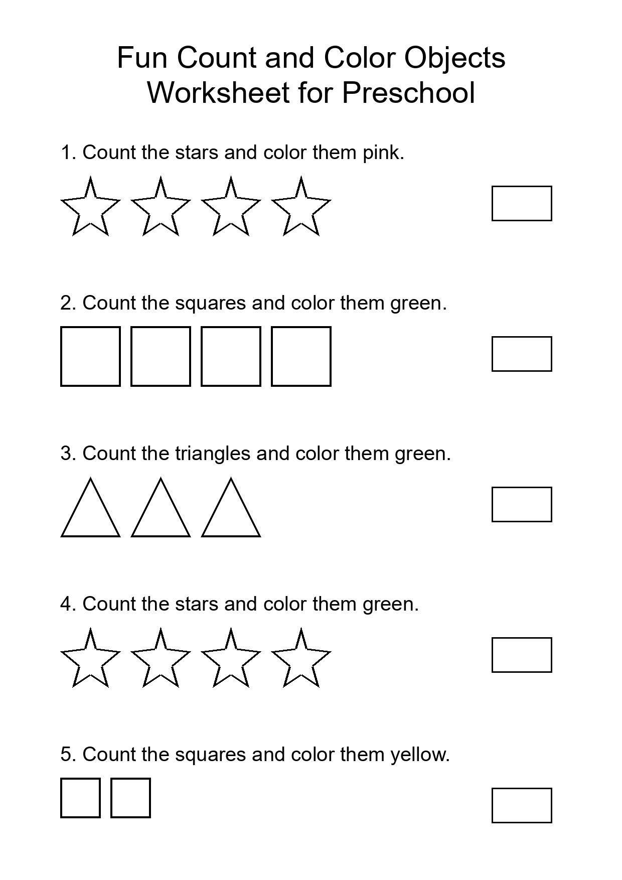 Fun Count and Color Objects Worksheet for Preschool