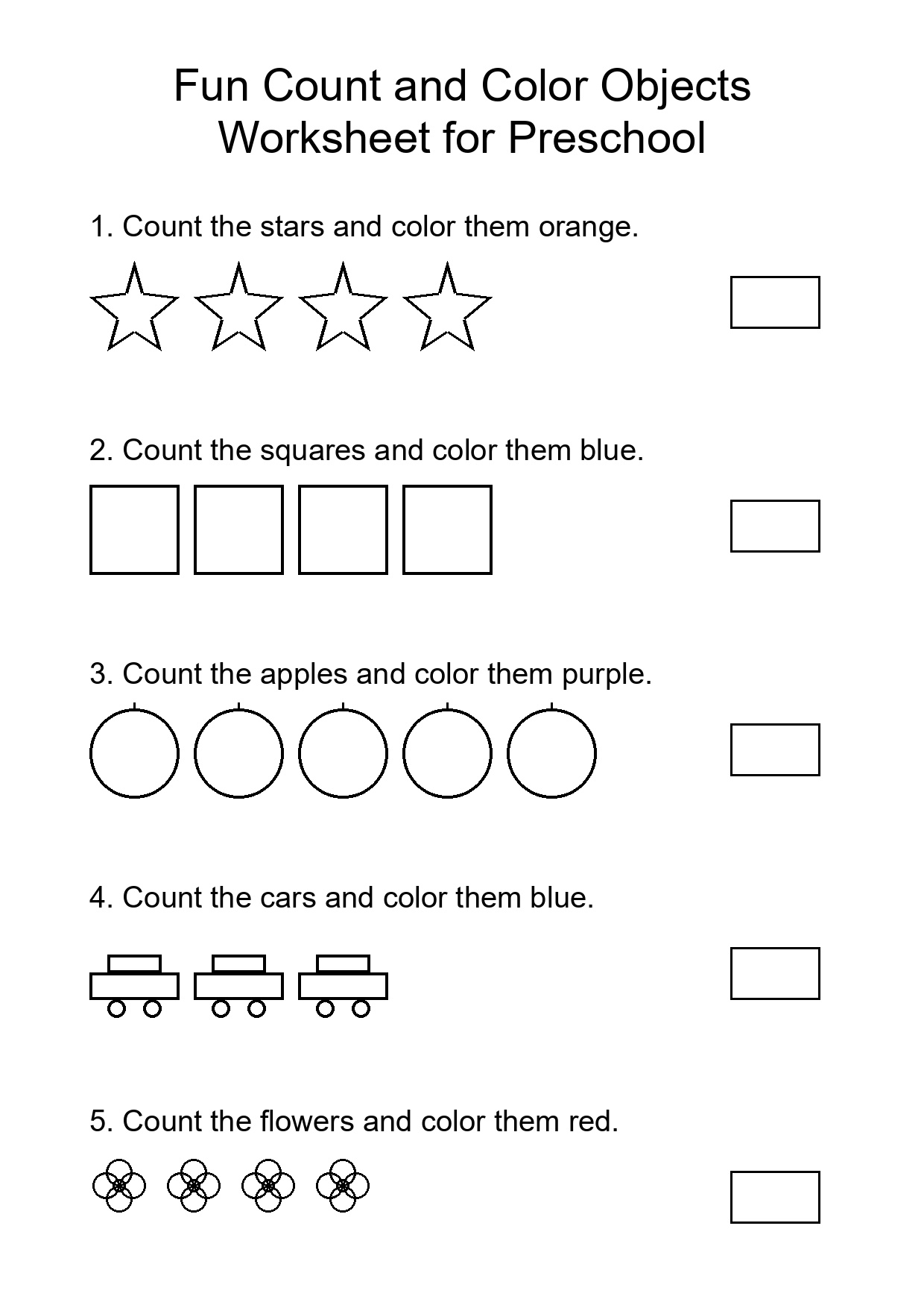 Fun Count and Color Objects Worksheet for Preschool