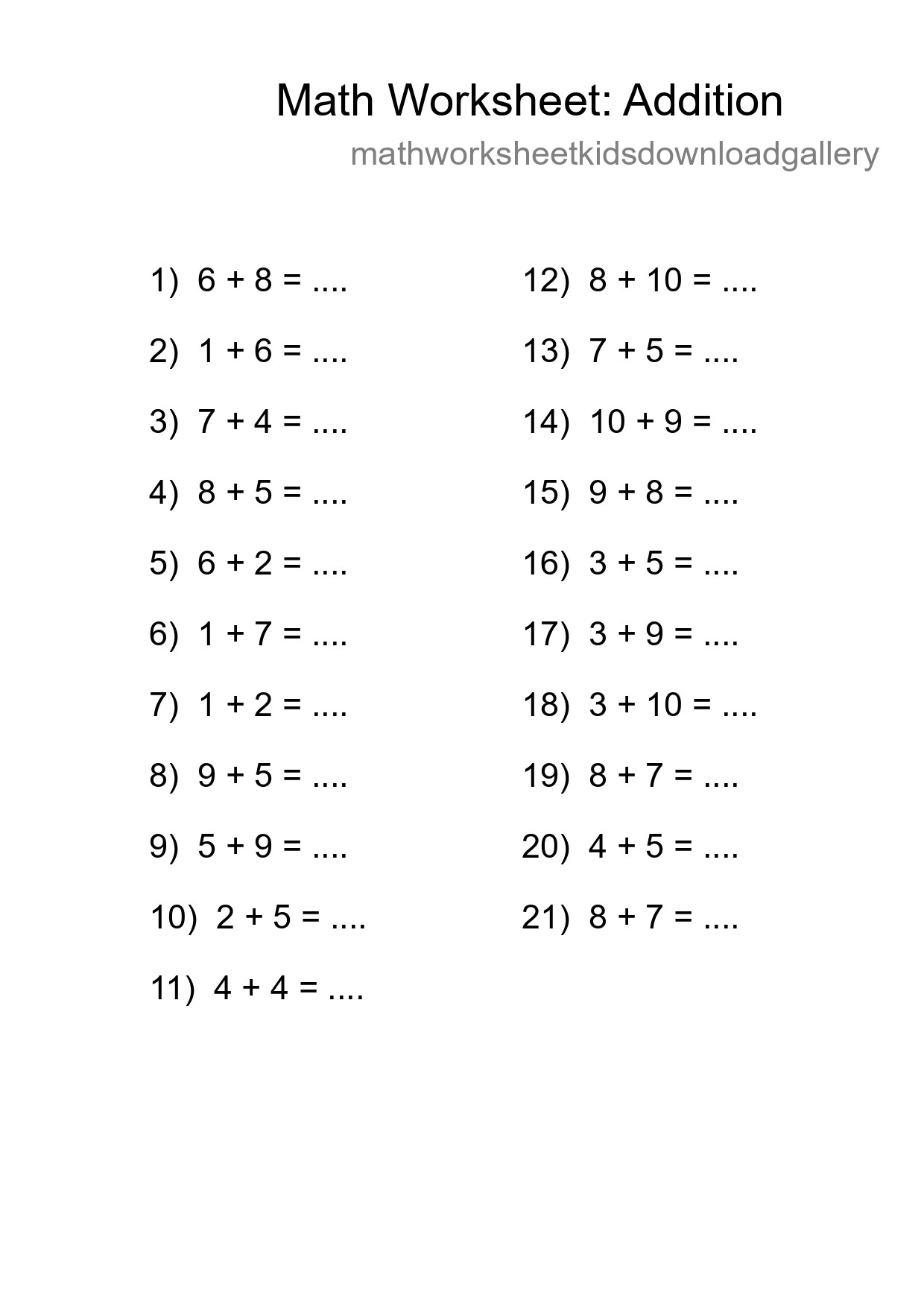 Grade 1 Addition Practice Worksheet (21 Problems) - Part 199