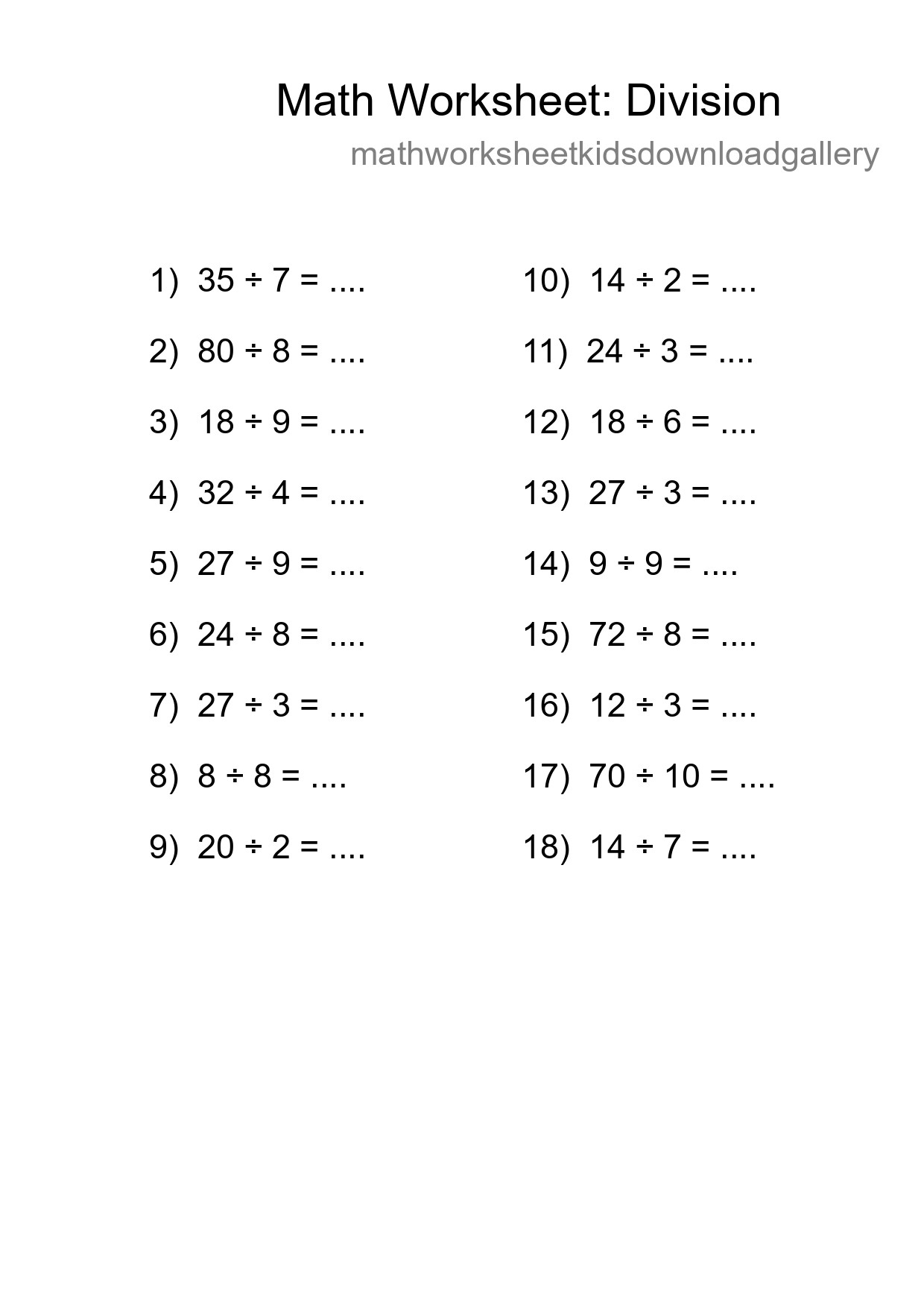 Grade 1 Division Practice Worksheet (18 Problems) - Part 224