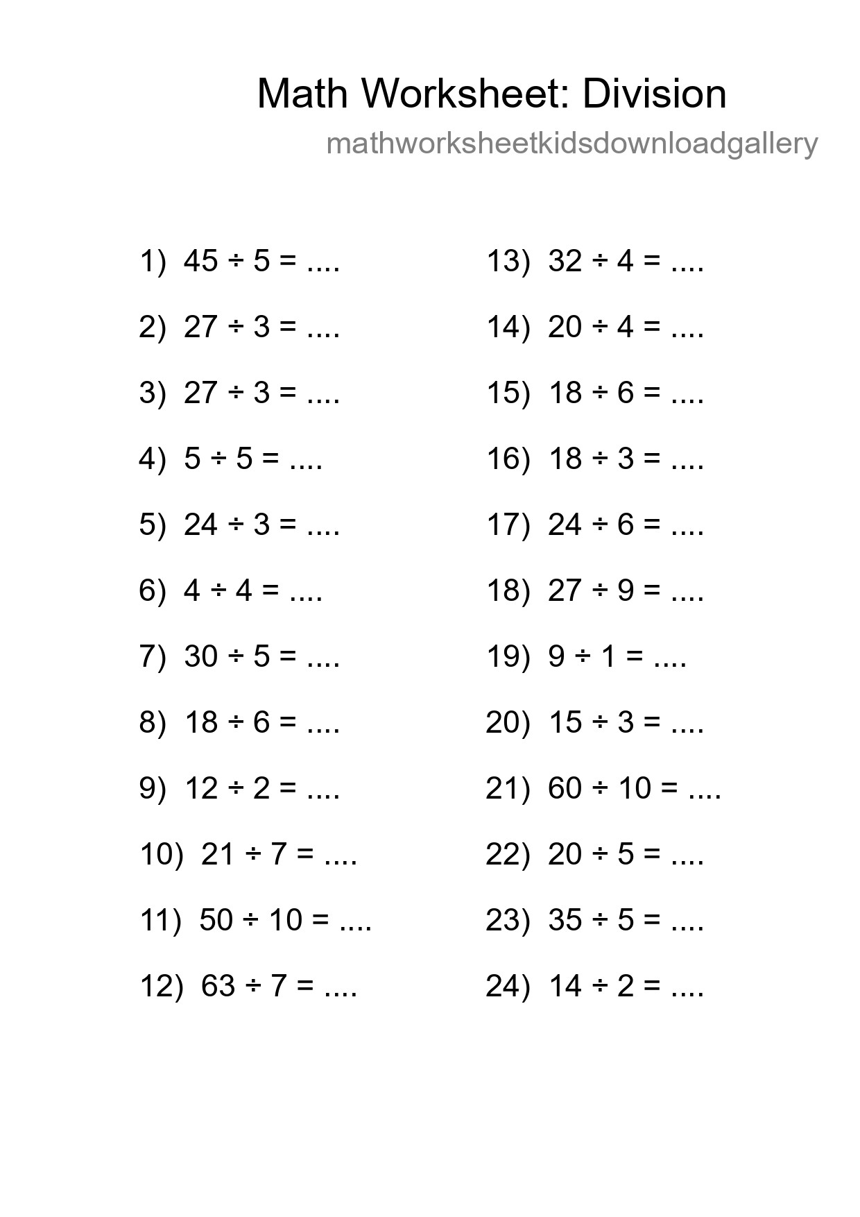 Grade 1 Division Practice Worksheet (24 Problems) - Part 147