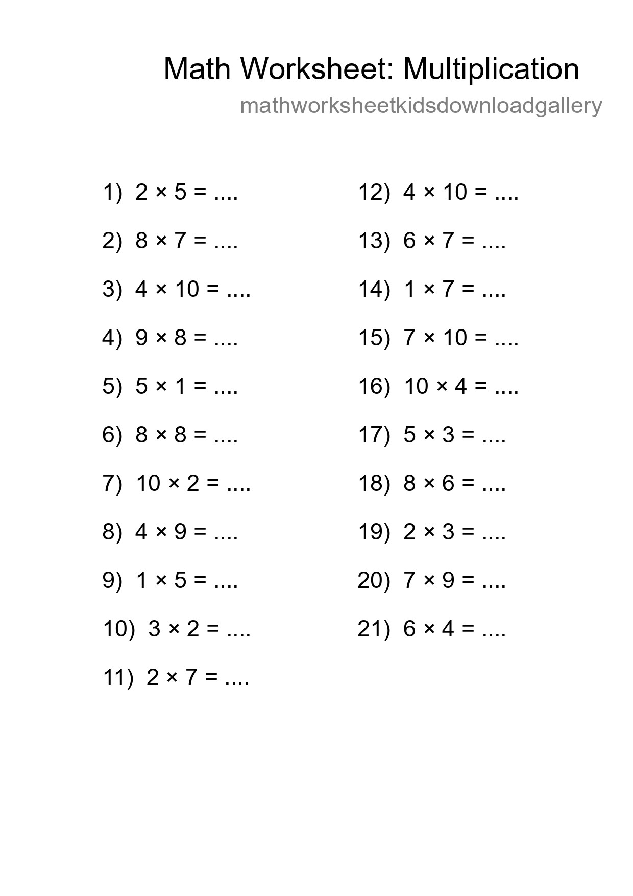 Grade 1 Multiplication Practice Worksheet (21 Problems) - Part 95