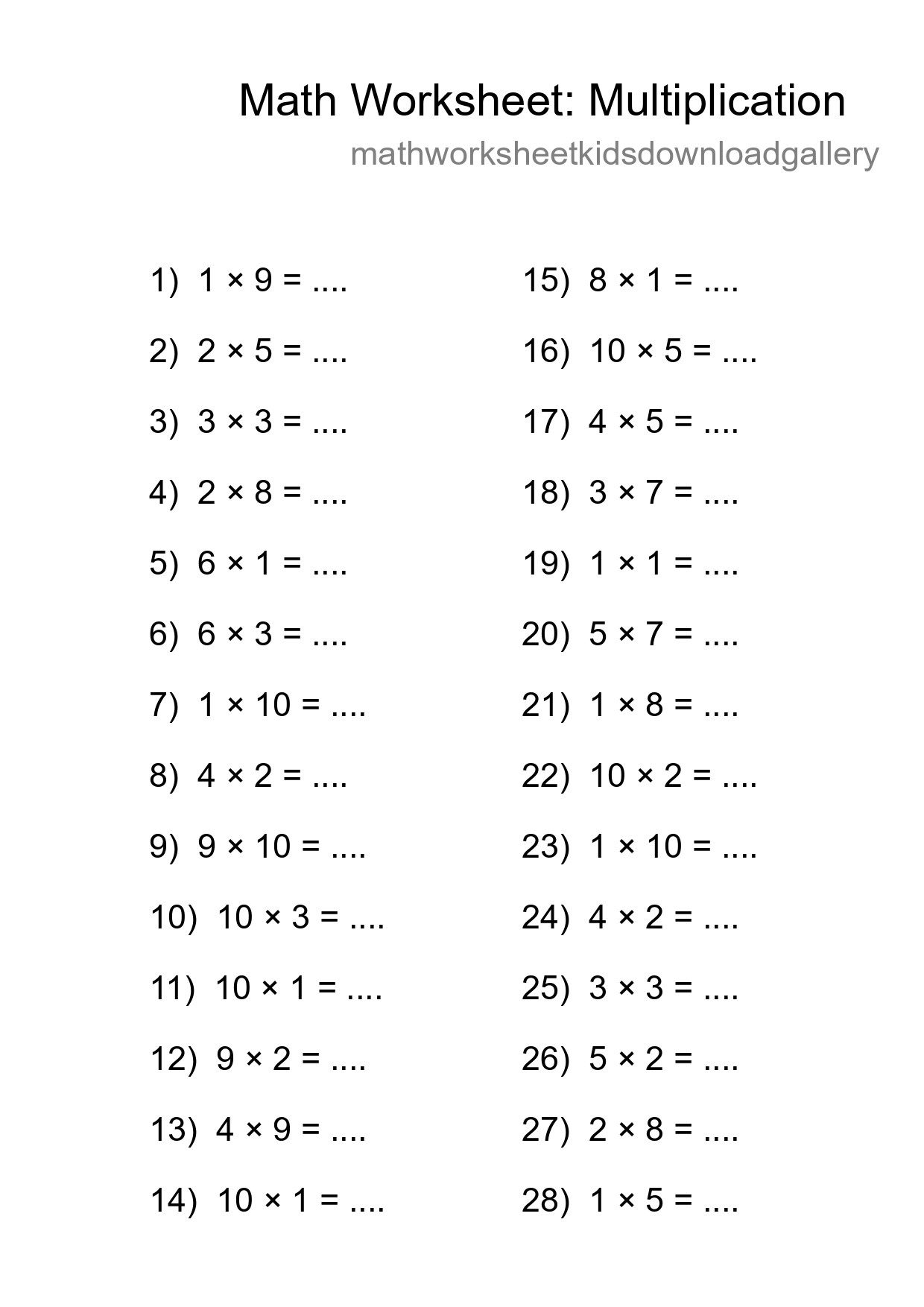 Grade 1 Multiplication Practice Worksheet (28 Problems) - Part 172