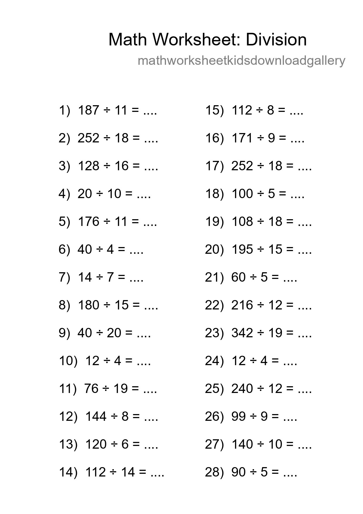 Grade 2 Division Practice Worksheet (28 Problems) - Part 114