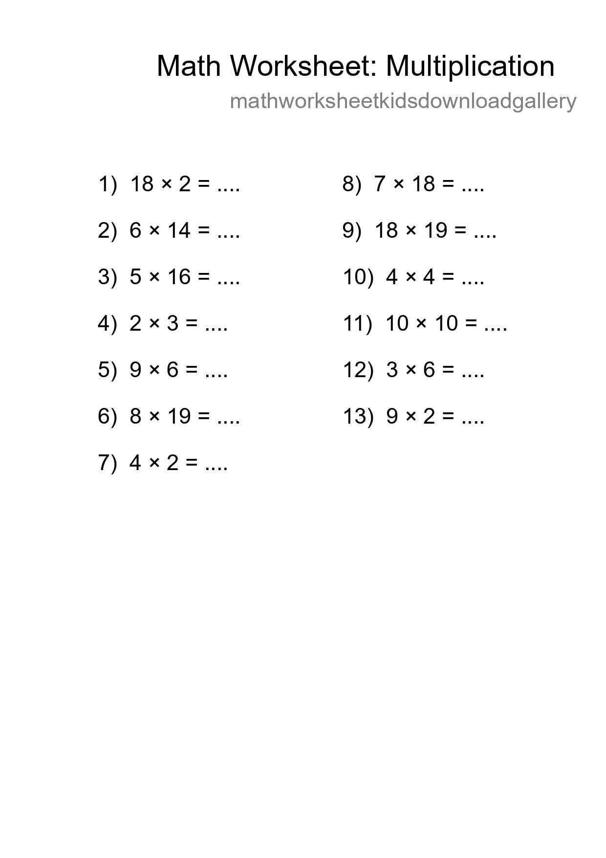 Grade 2 Multiplication Practice Worksheet (13 Problems) - Part 62