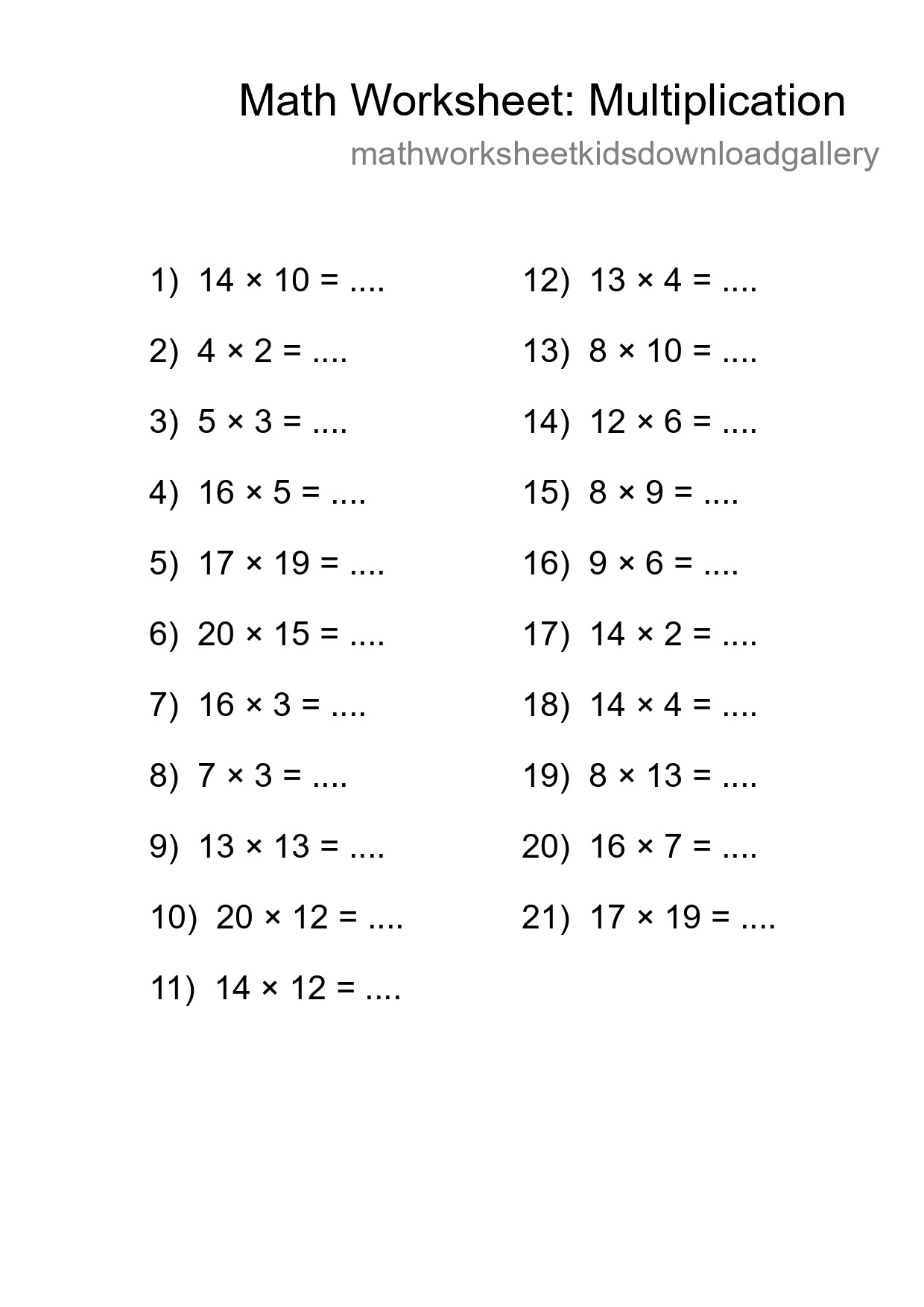 Grade 2 Multiplication Practice Worksheet (21 Problems) - Part 227