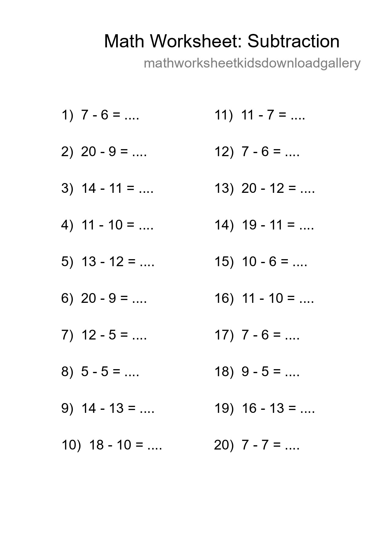 Grade 2 Subtraction Practice Worksheet (20 Problems) - Part 239