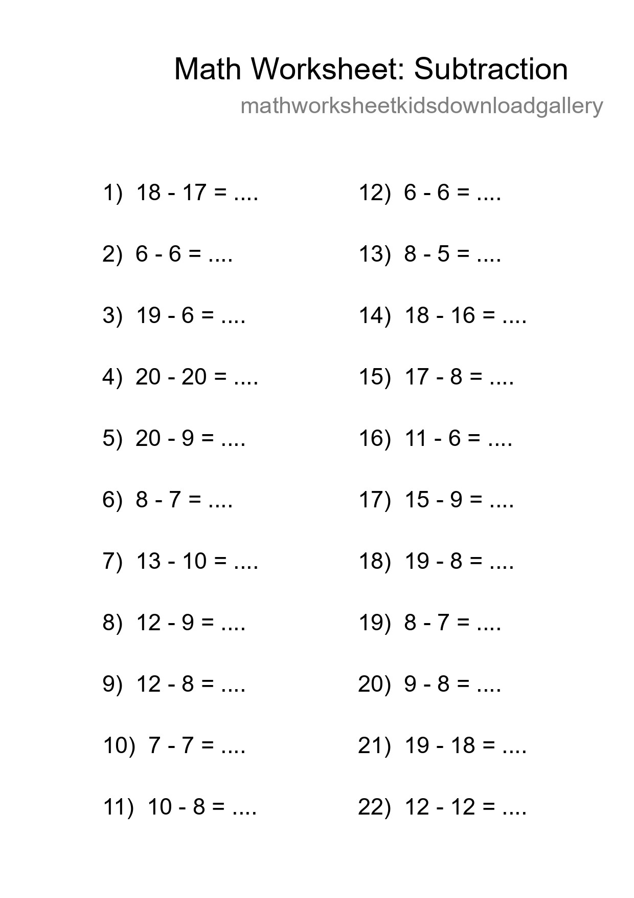 Grade 2 Subtraction Practice Worksheet (22 Problems) - Part 206