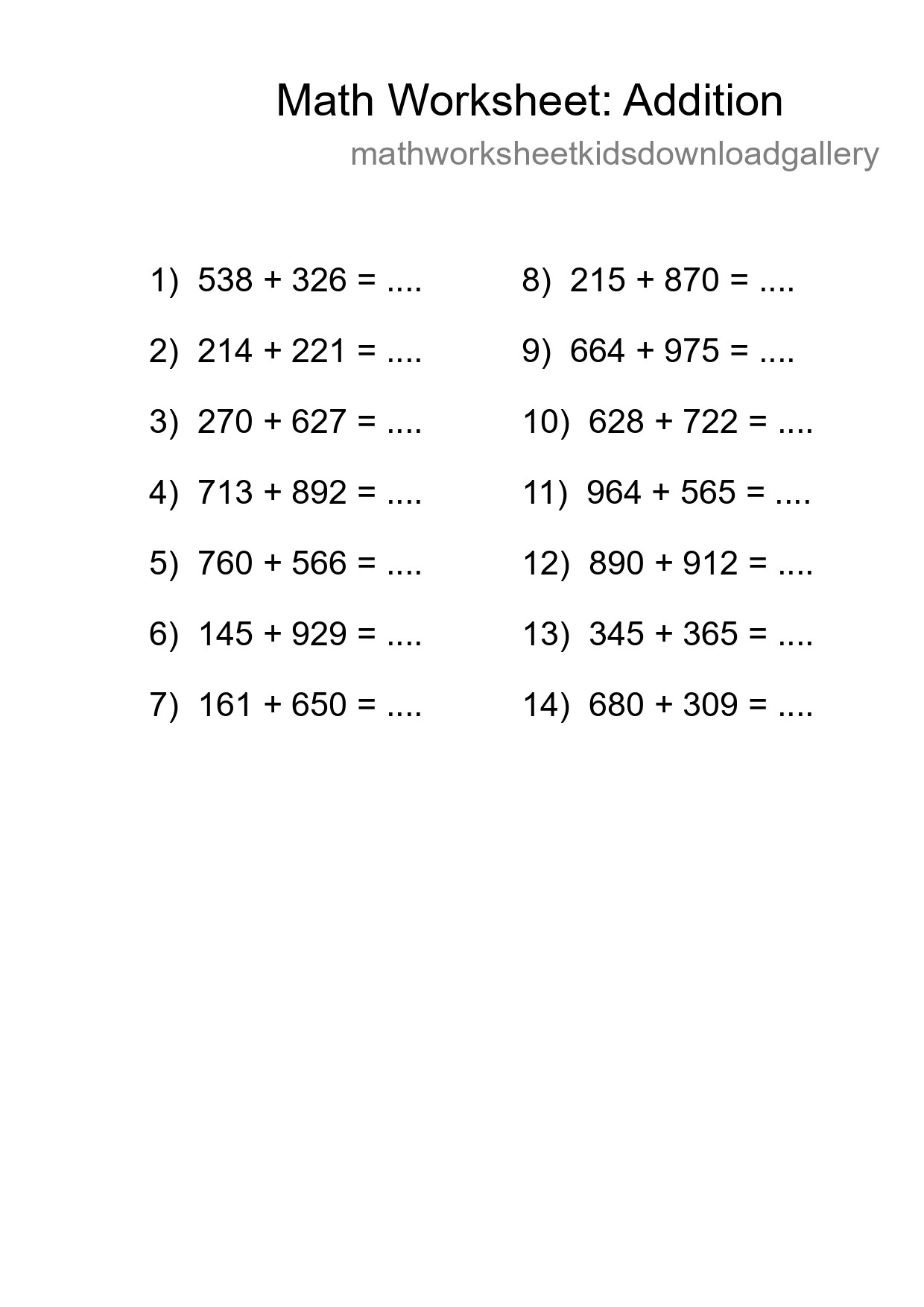 Grade 5 Addition Practice Worksheet (14 Problems) - Part 78