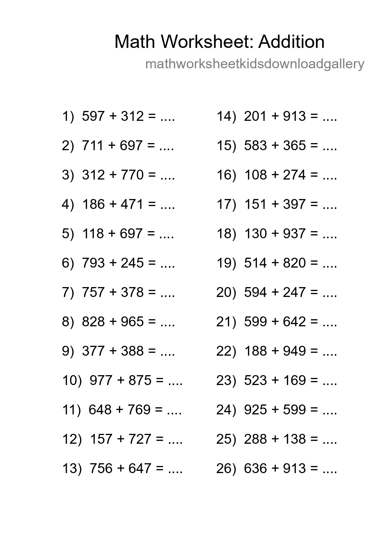 Grade 5 Addition Practice Worksheet (26 Problems) - Part 177