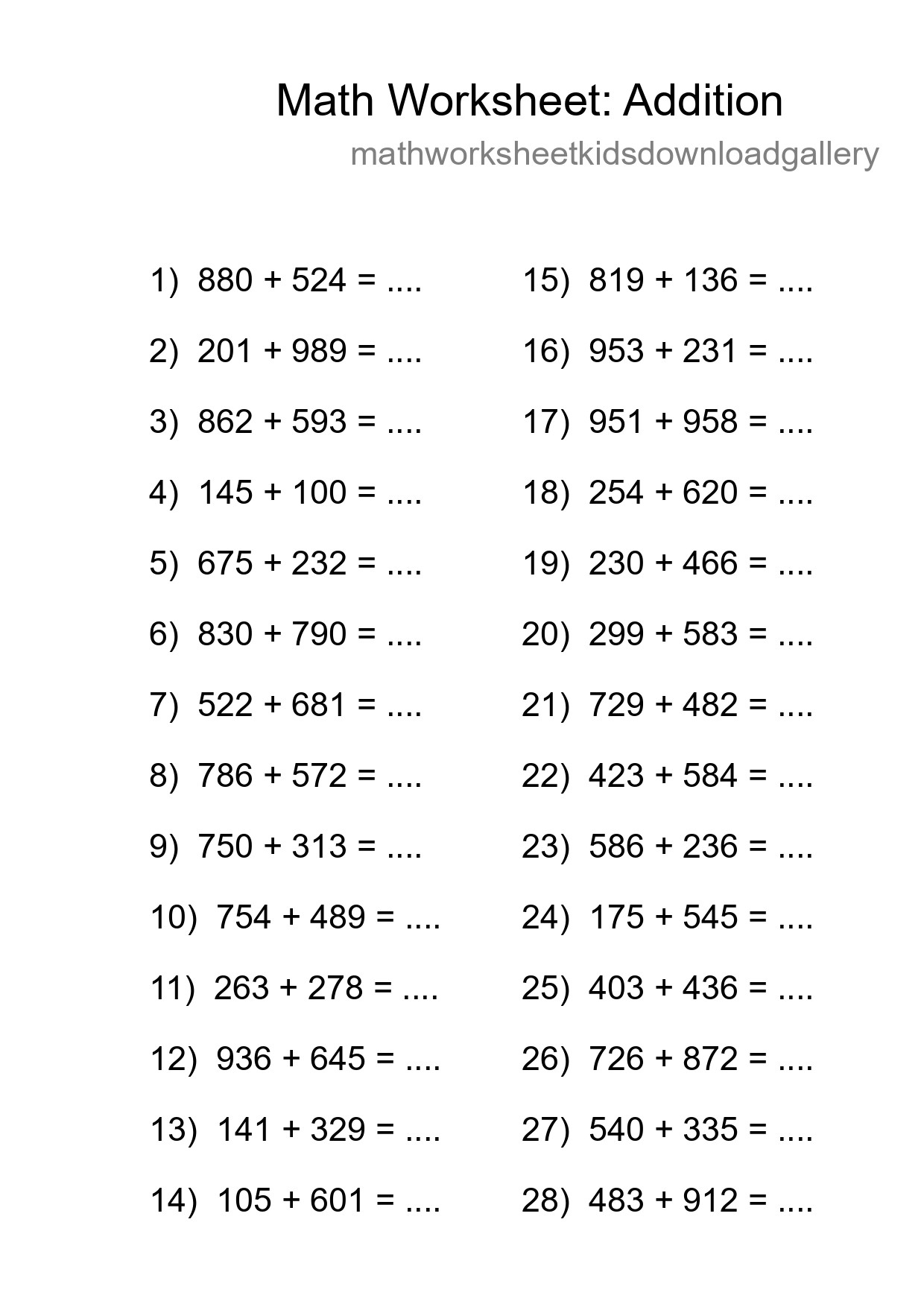 Grade 5 Addition Practice Worksheet (28 Problems) - Part 100
