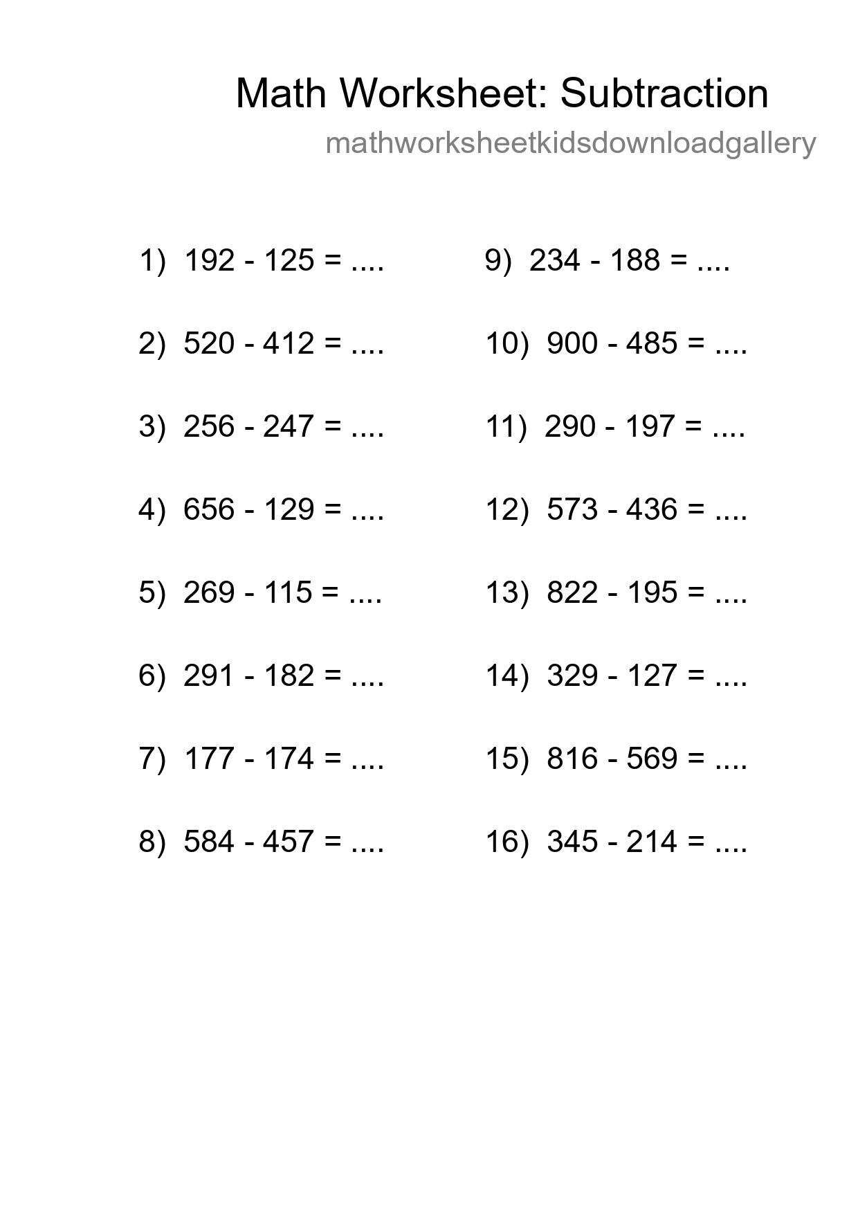 Grade 5 Subtraction Practice Worksheet (16 Problems) - Part 96
