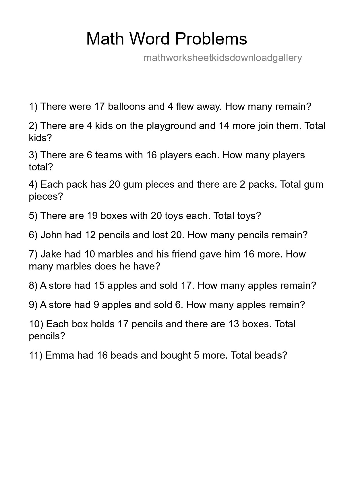 Math Word Problem Worksheet