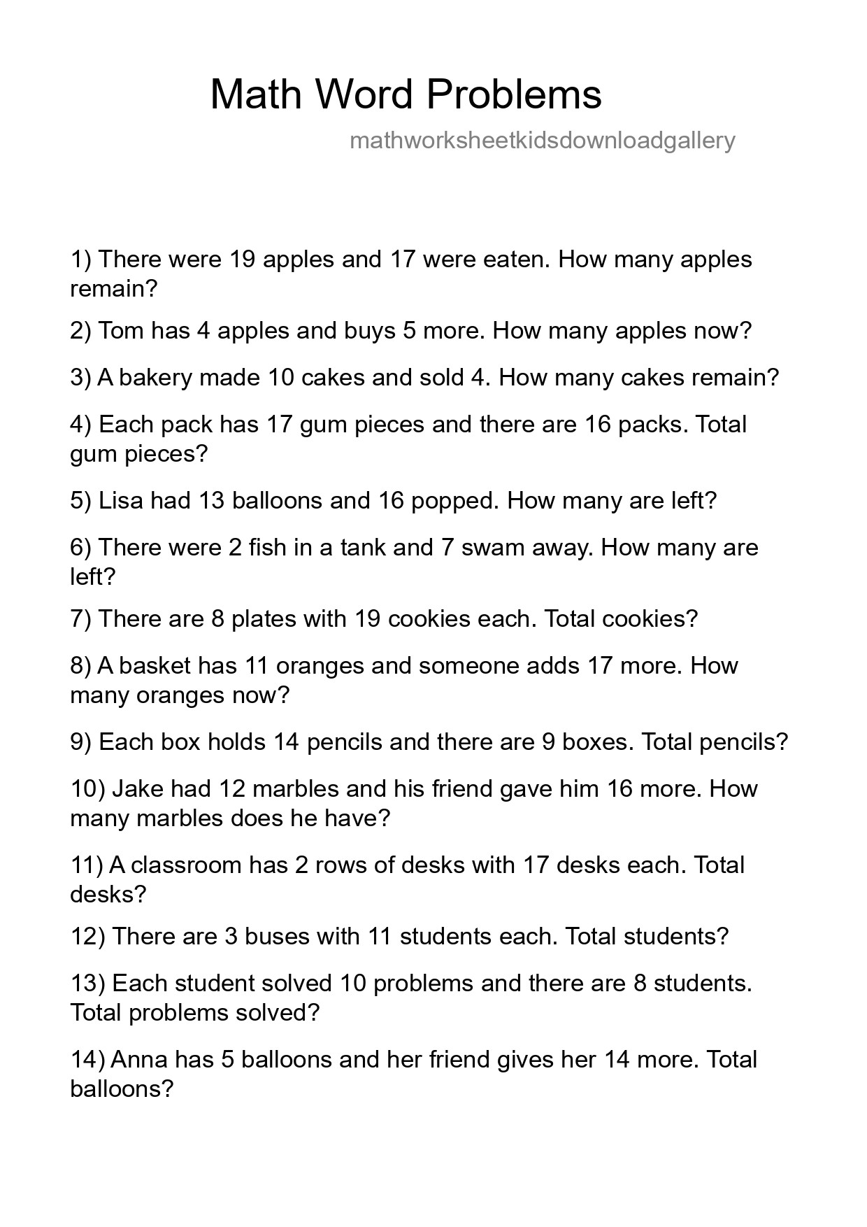 Math Word Problem Worksheet