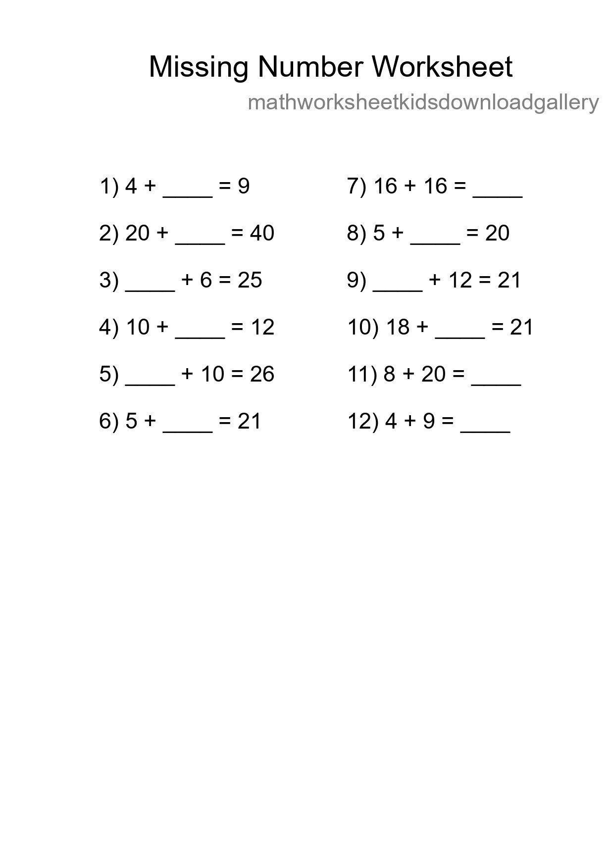 Missing Number Math Worksheet