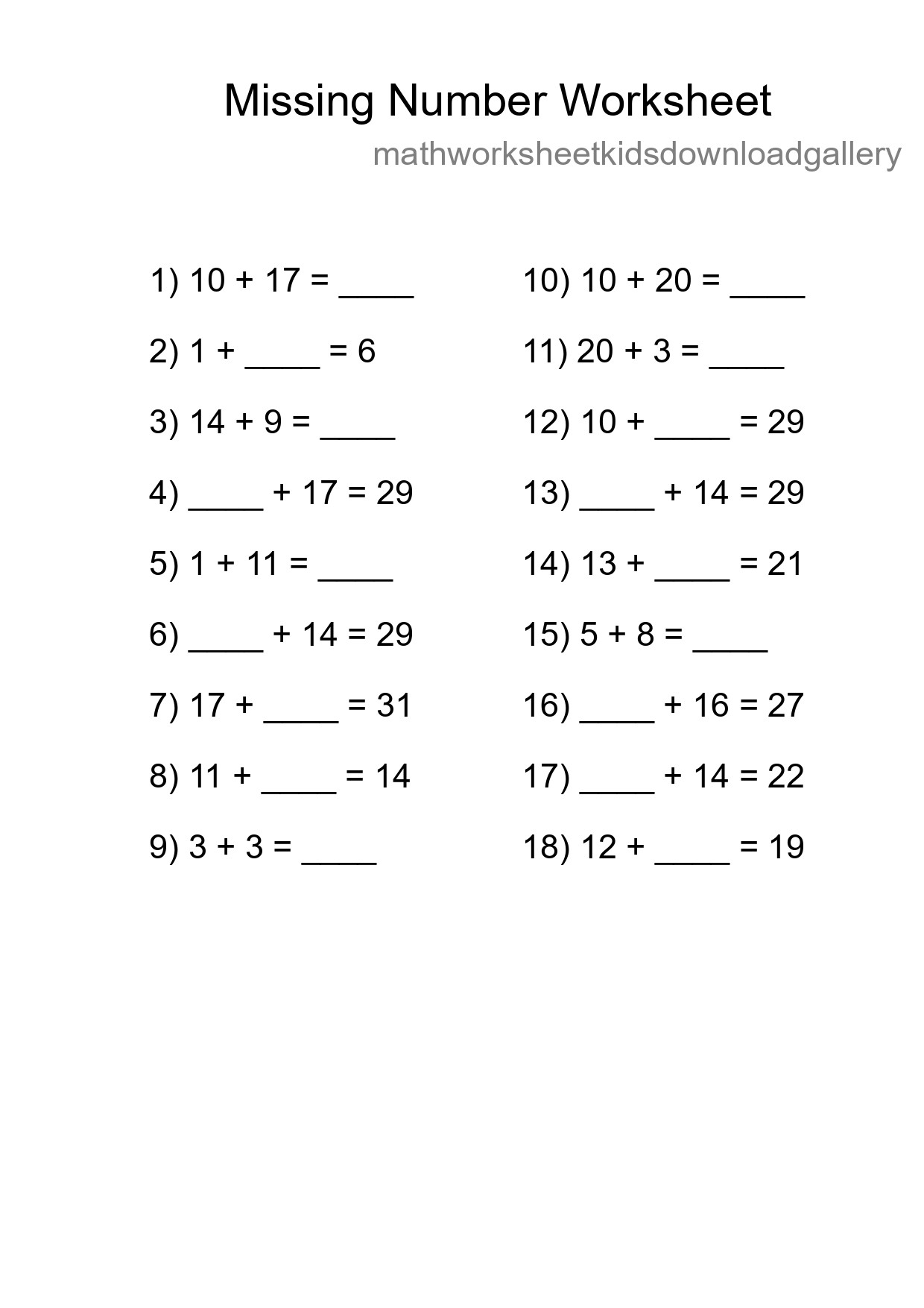 Missing Number Math Worksheet