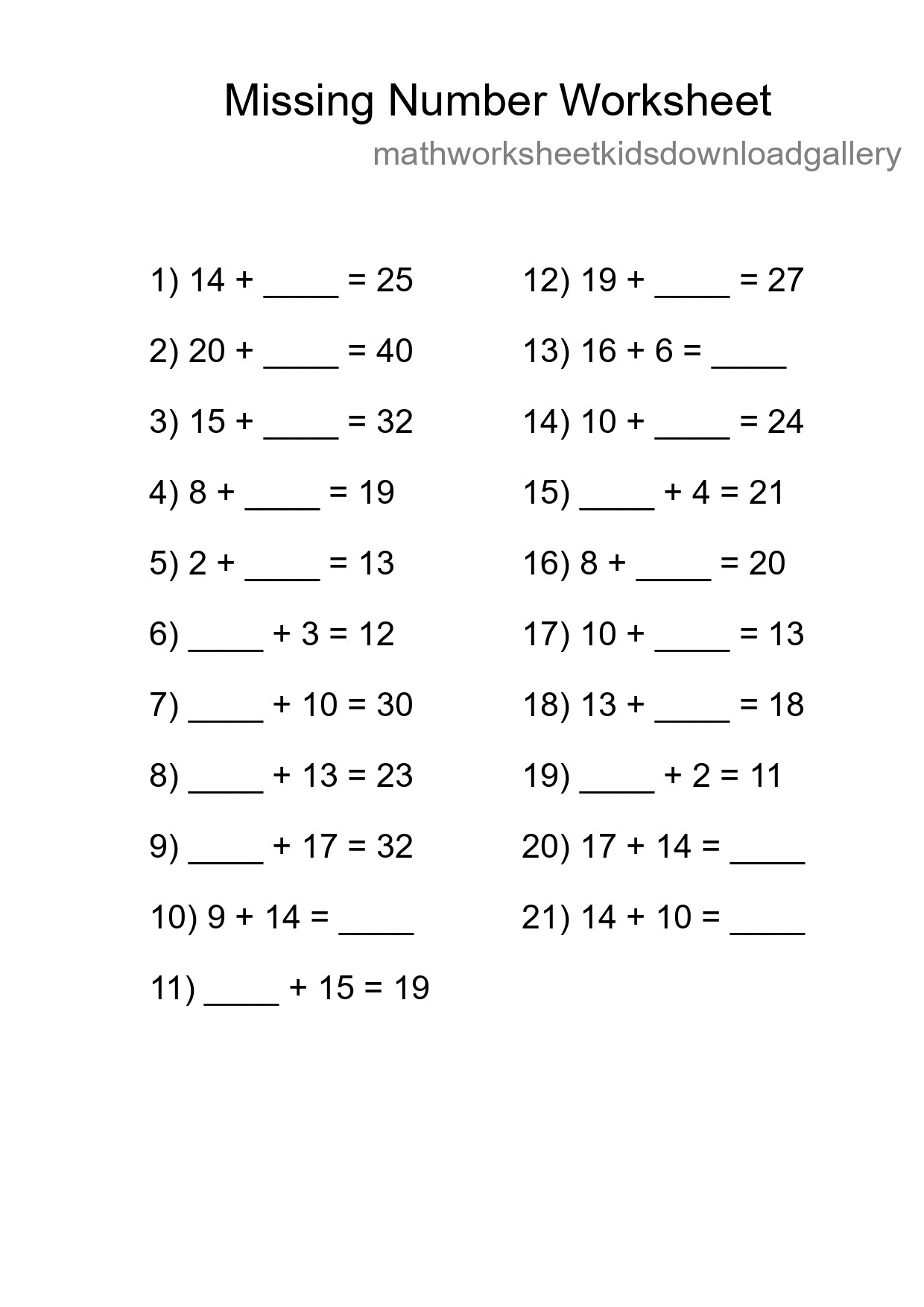 Missing Number Math Worksheet