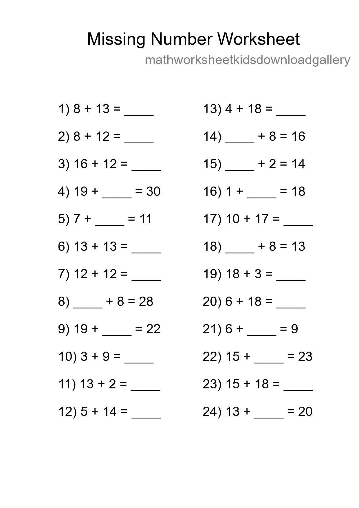 Missing Number Math Worksheet