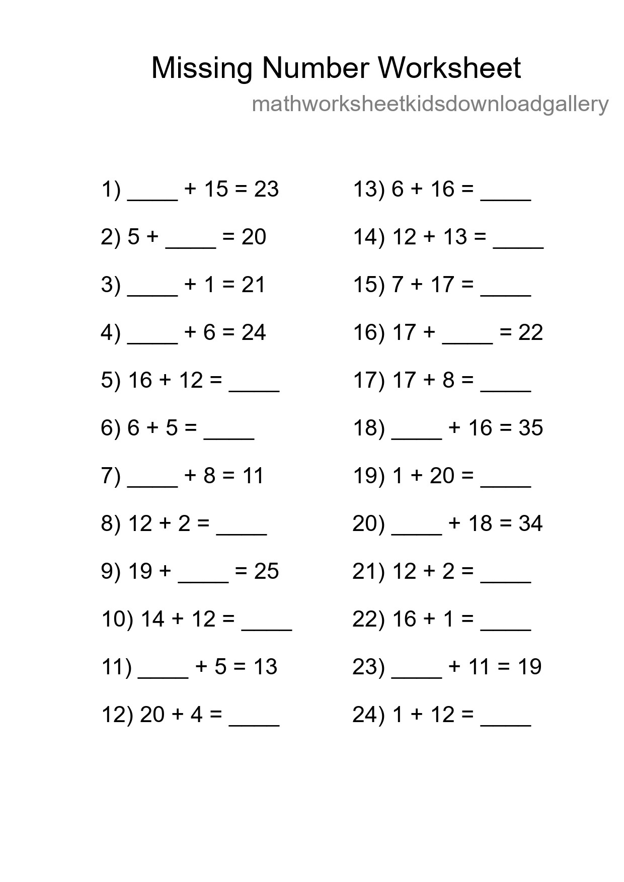 Missing Number Math Worksheet