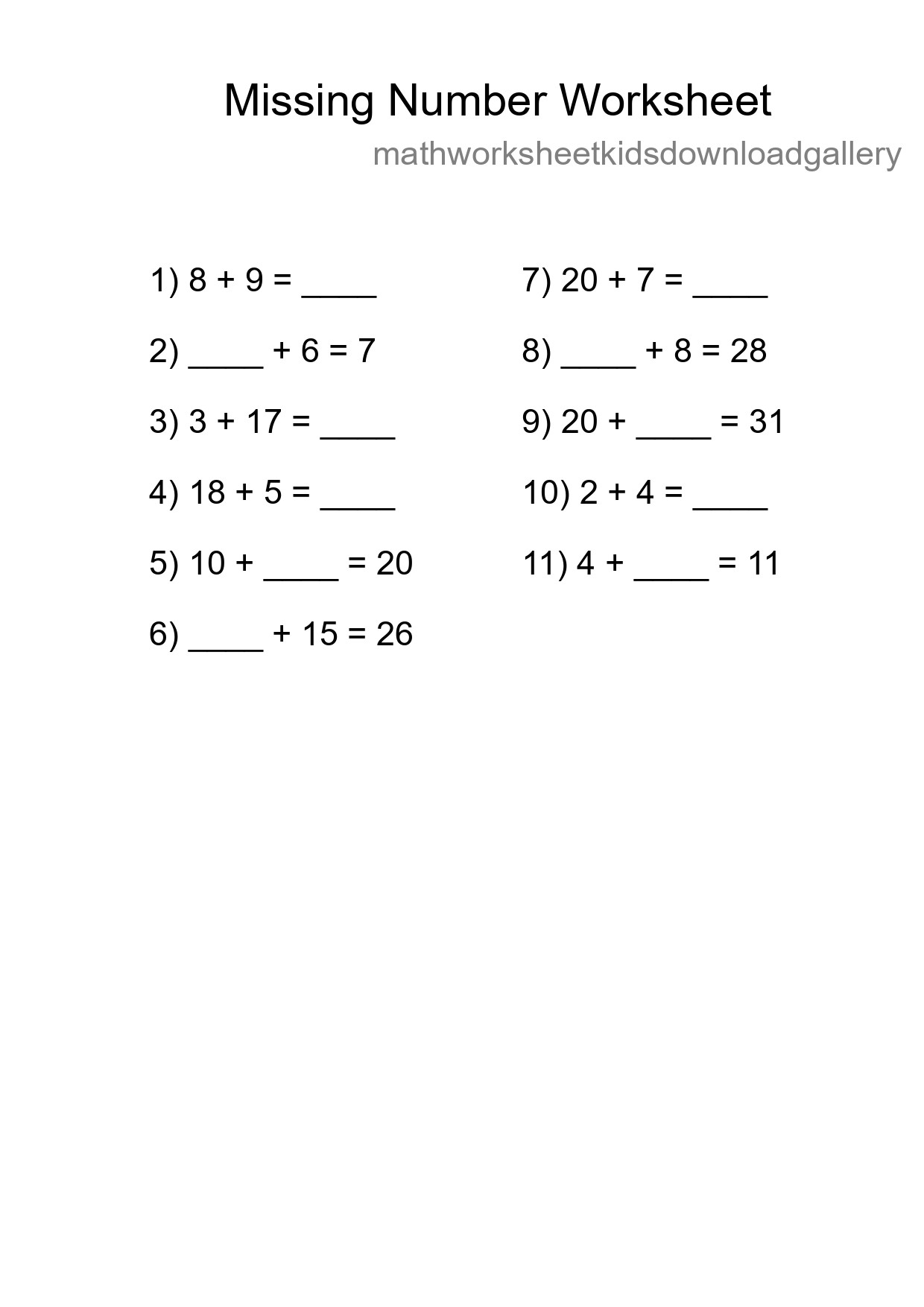 Missing Number Math Worksheet