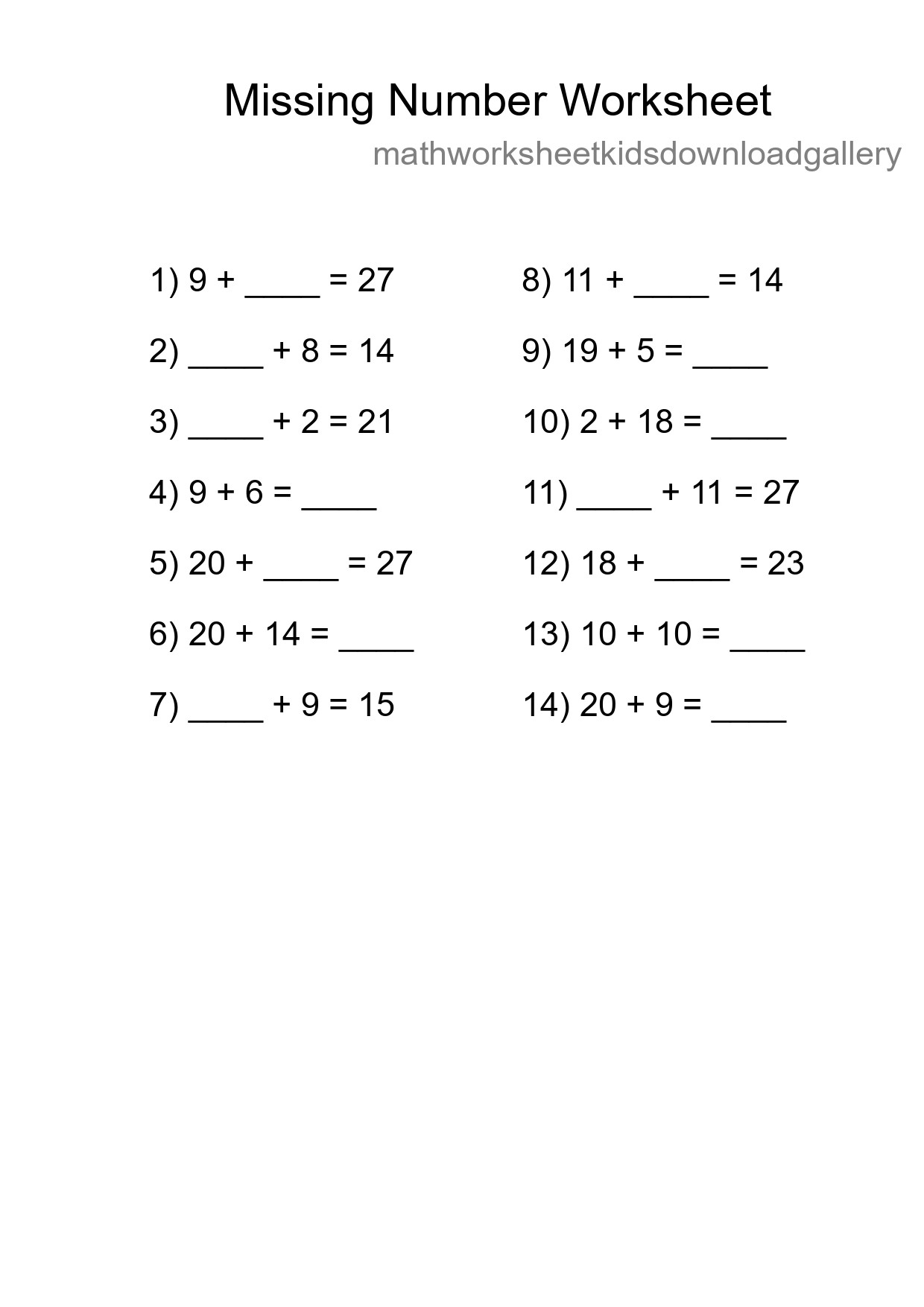 Missing Number Math Worksheet