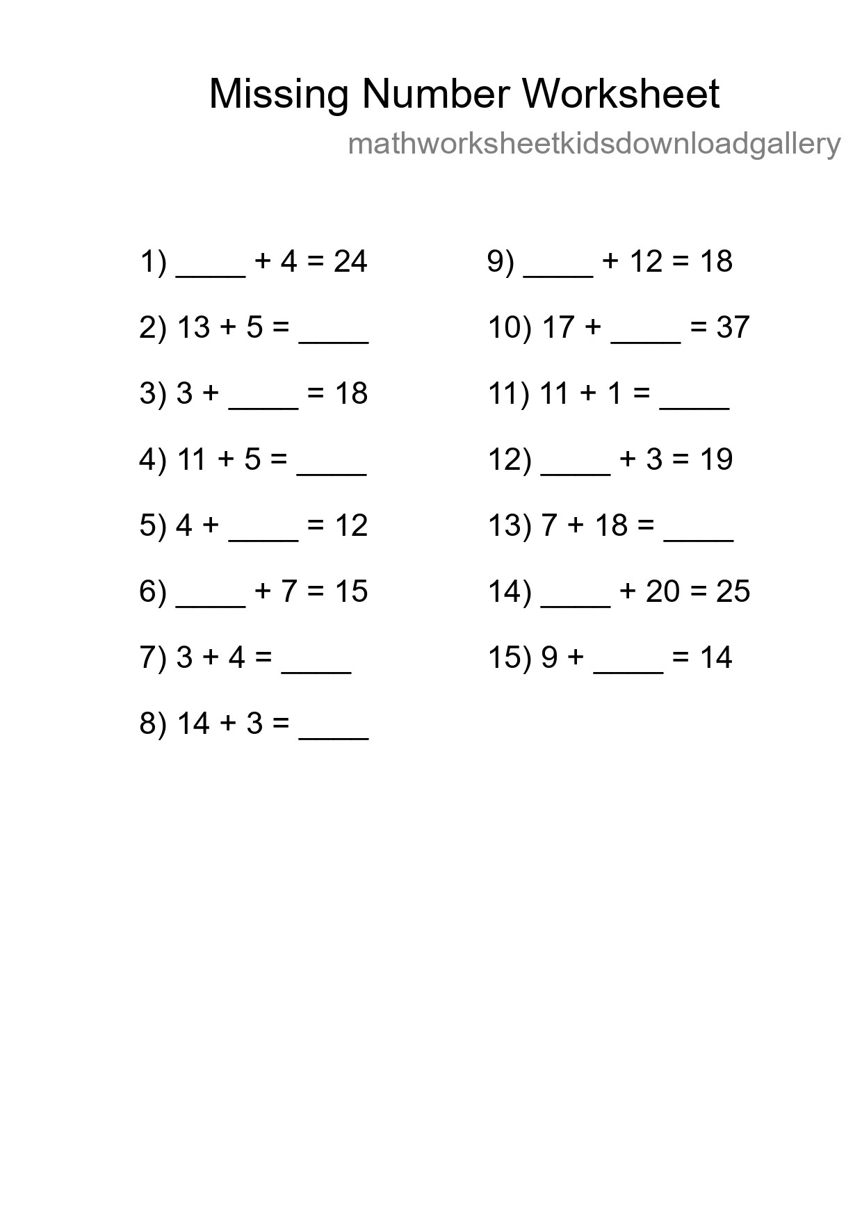 Missing Number Math Worksheet