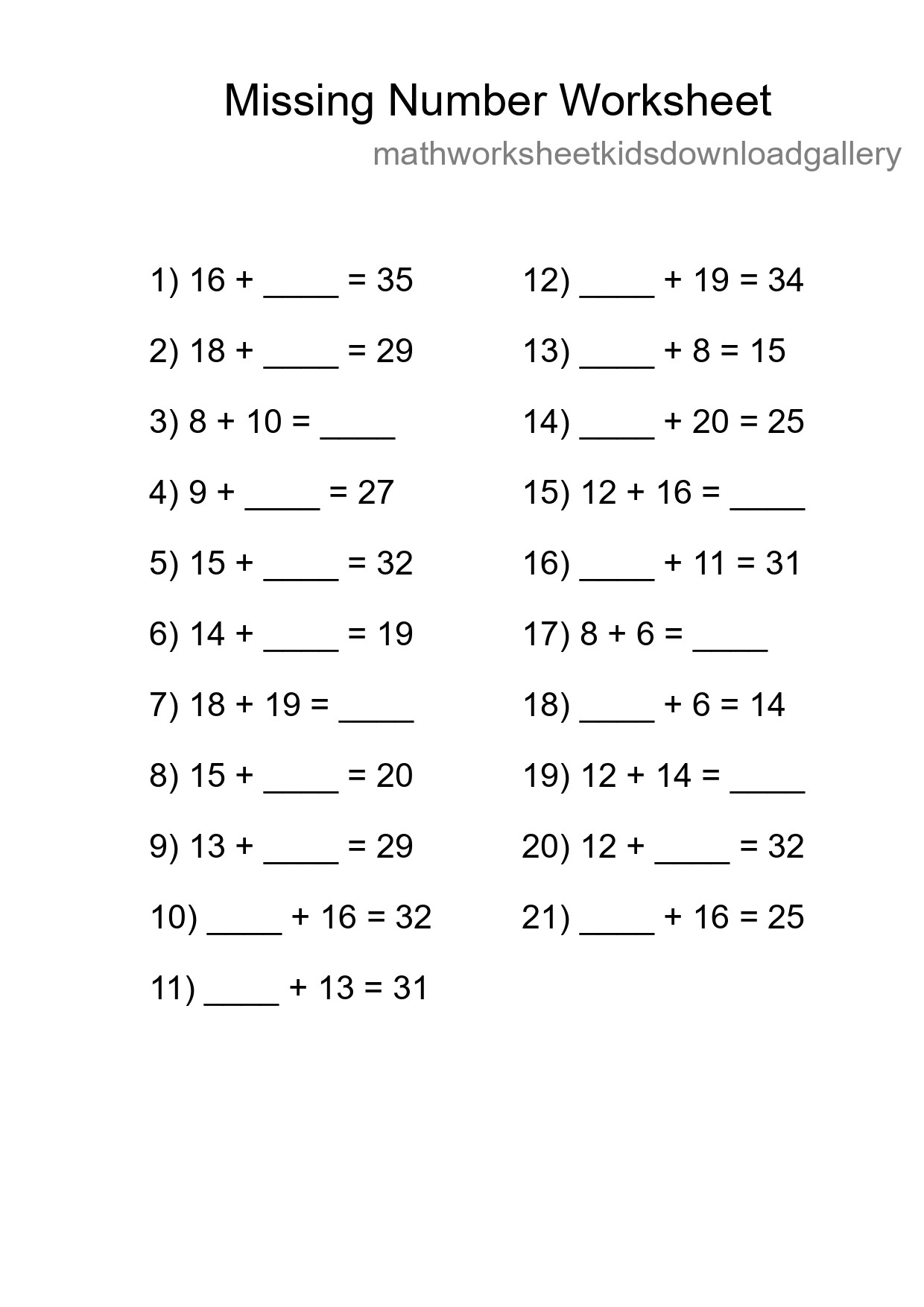 Missing Number Math Worksheet