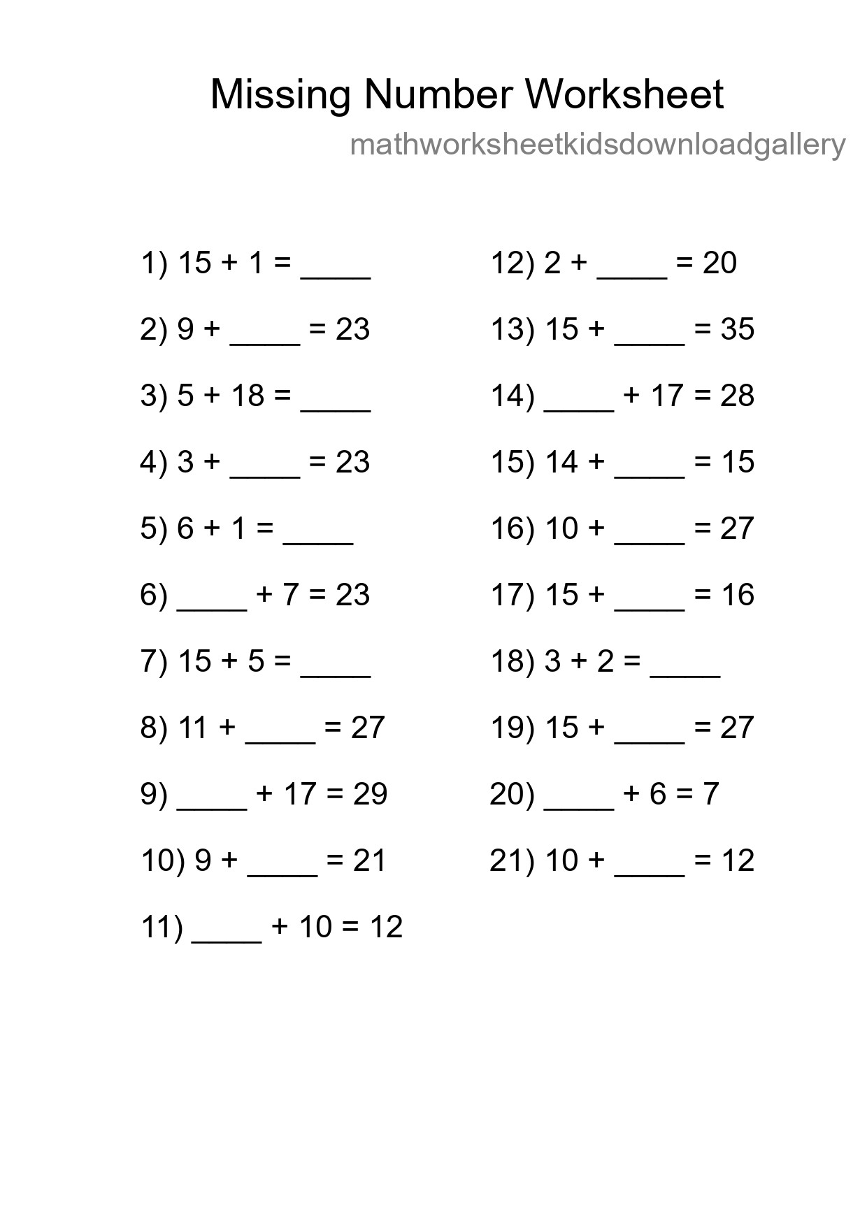 Missing Number Math Worksheet