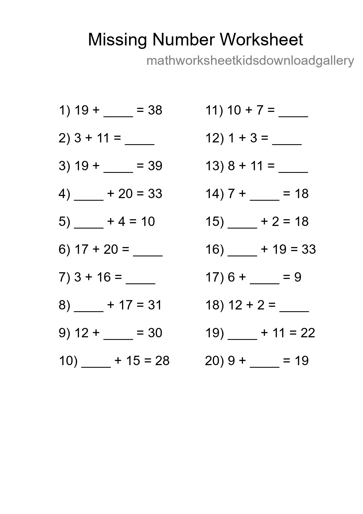 Missing Number Math Worksheet