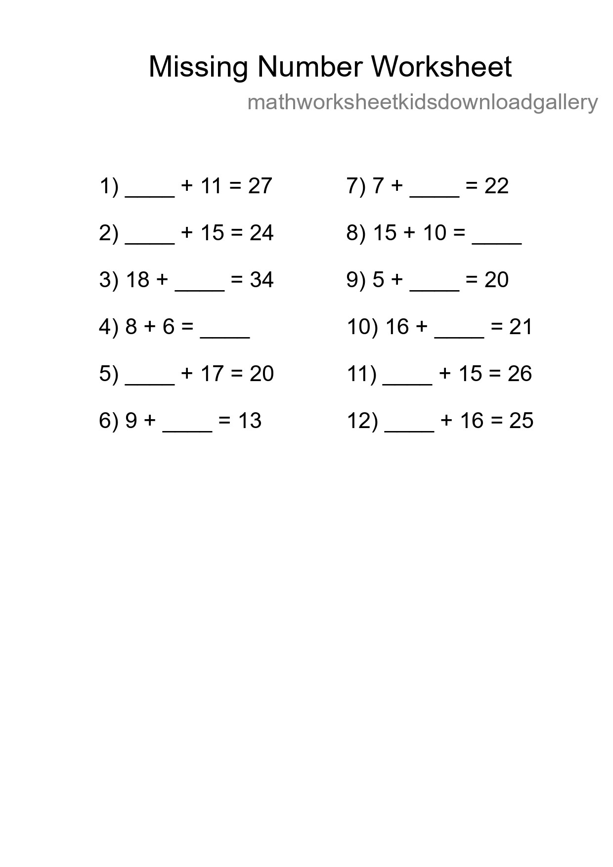 Missing Number Math Worksheet