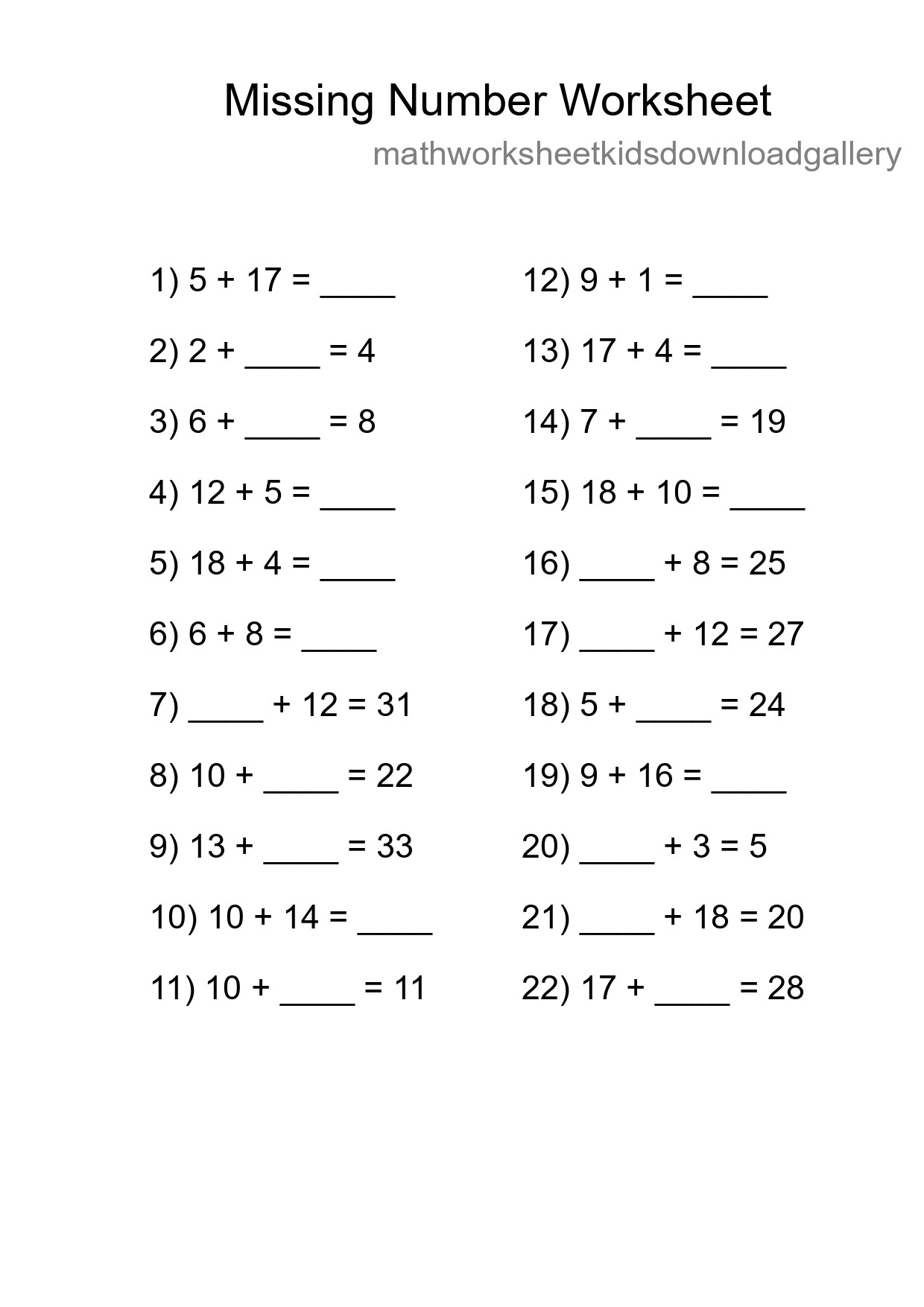 Missing Number Math Worksheet