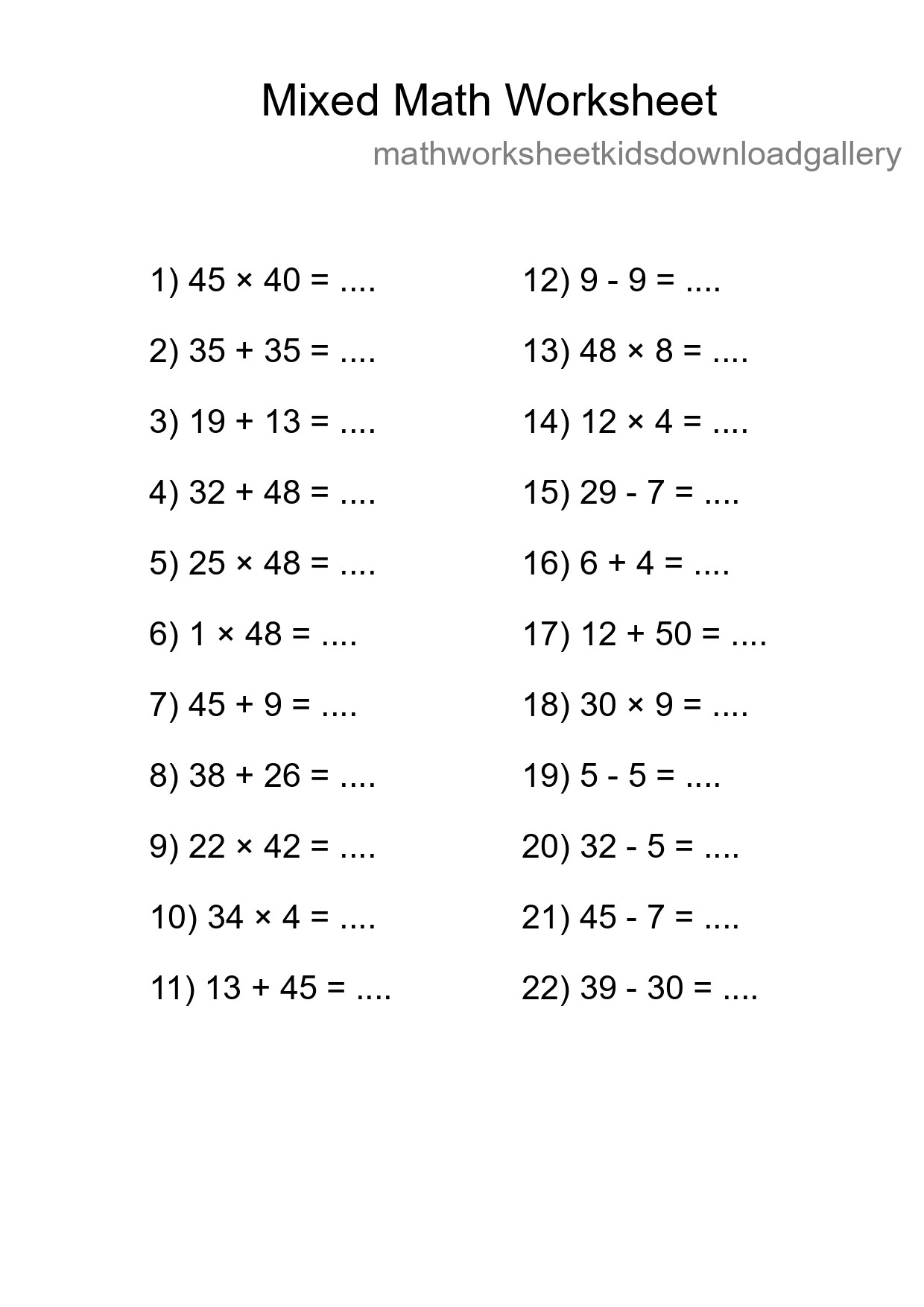 Mixed Operations Math Worksheet