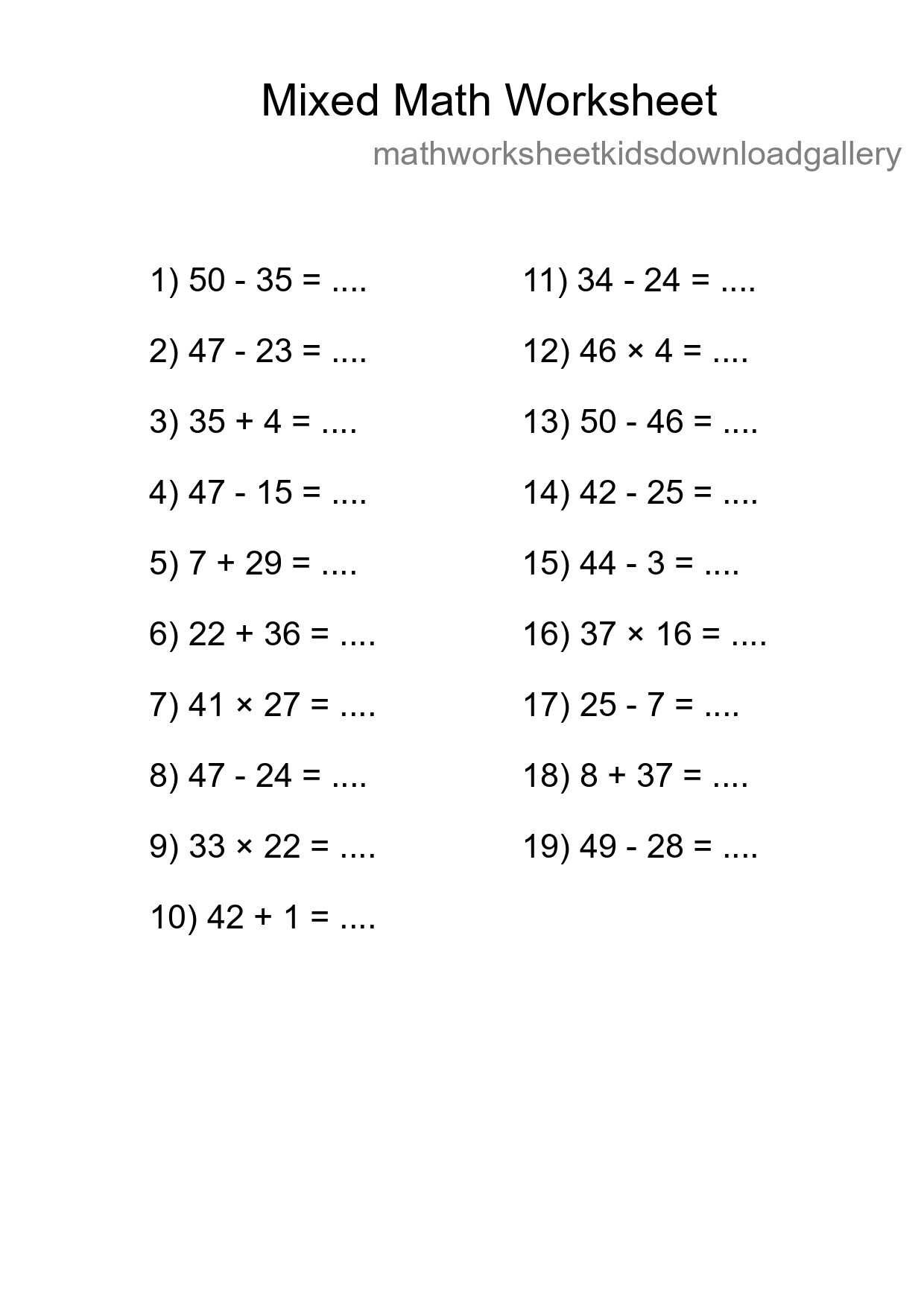 Mixed Operations Math Worksheet