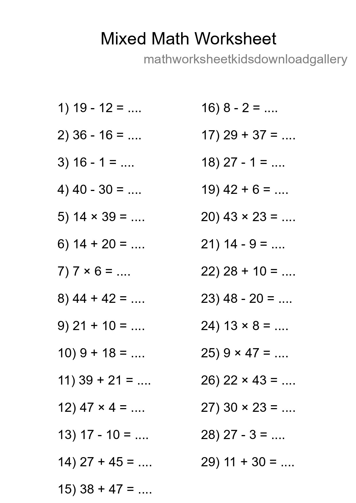Mixed Operations Math Worksheet