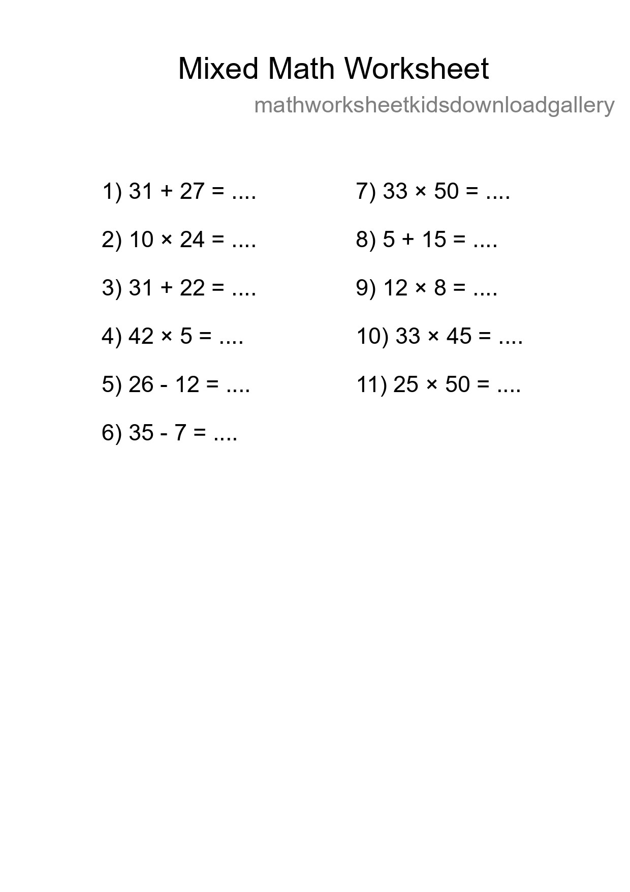 Mixed Operations Math Worksheet
