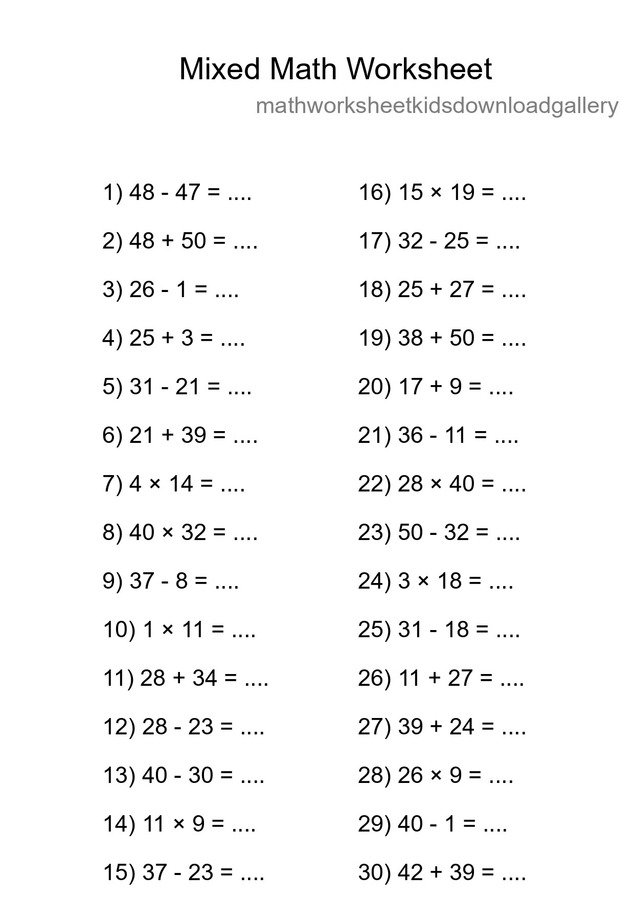 Mixed Operations Math Worksheet