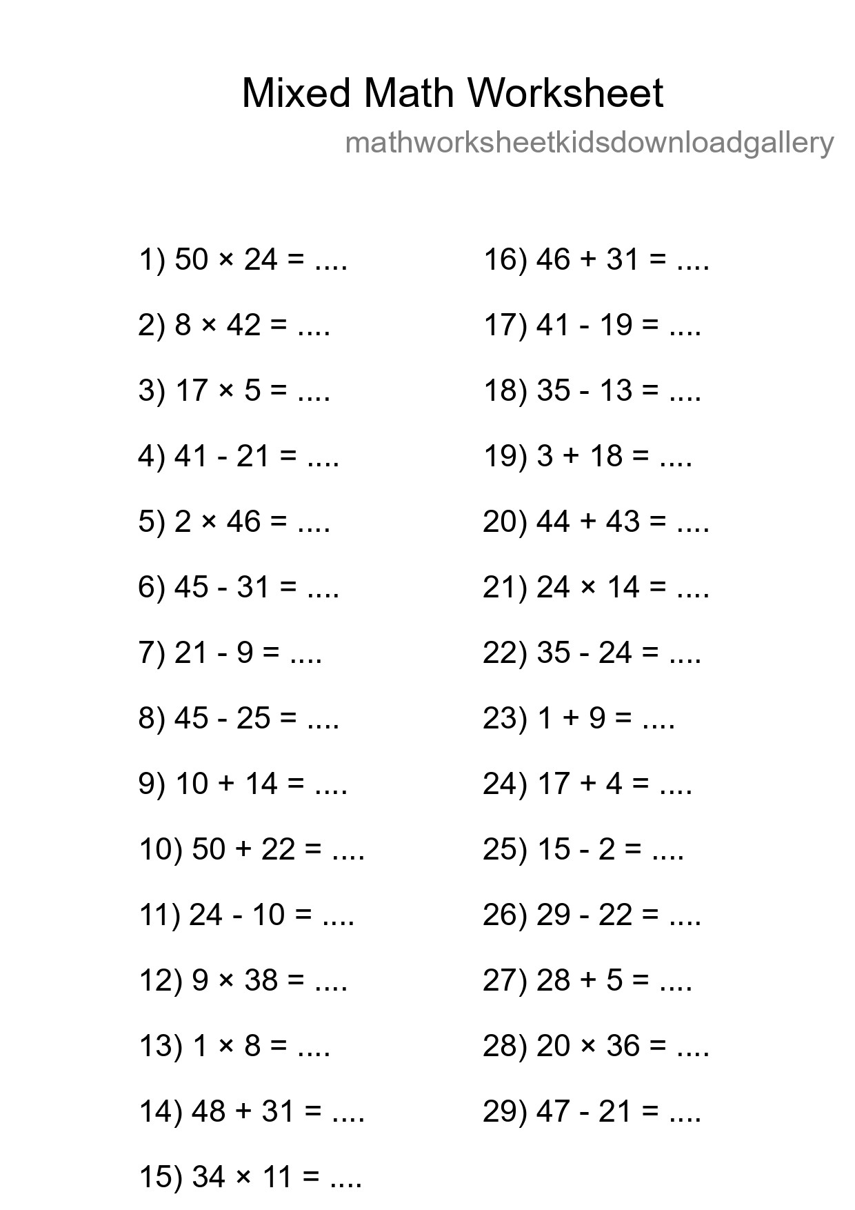 Mixed Operations Math Worksheet