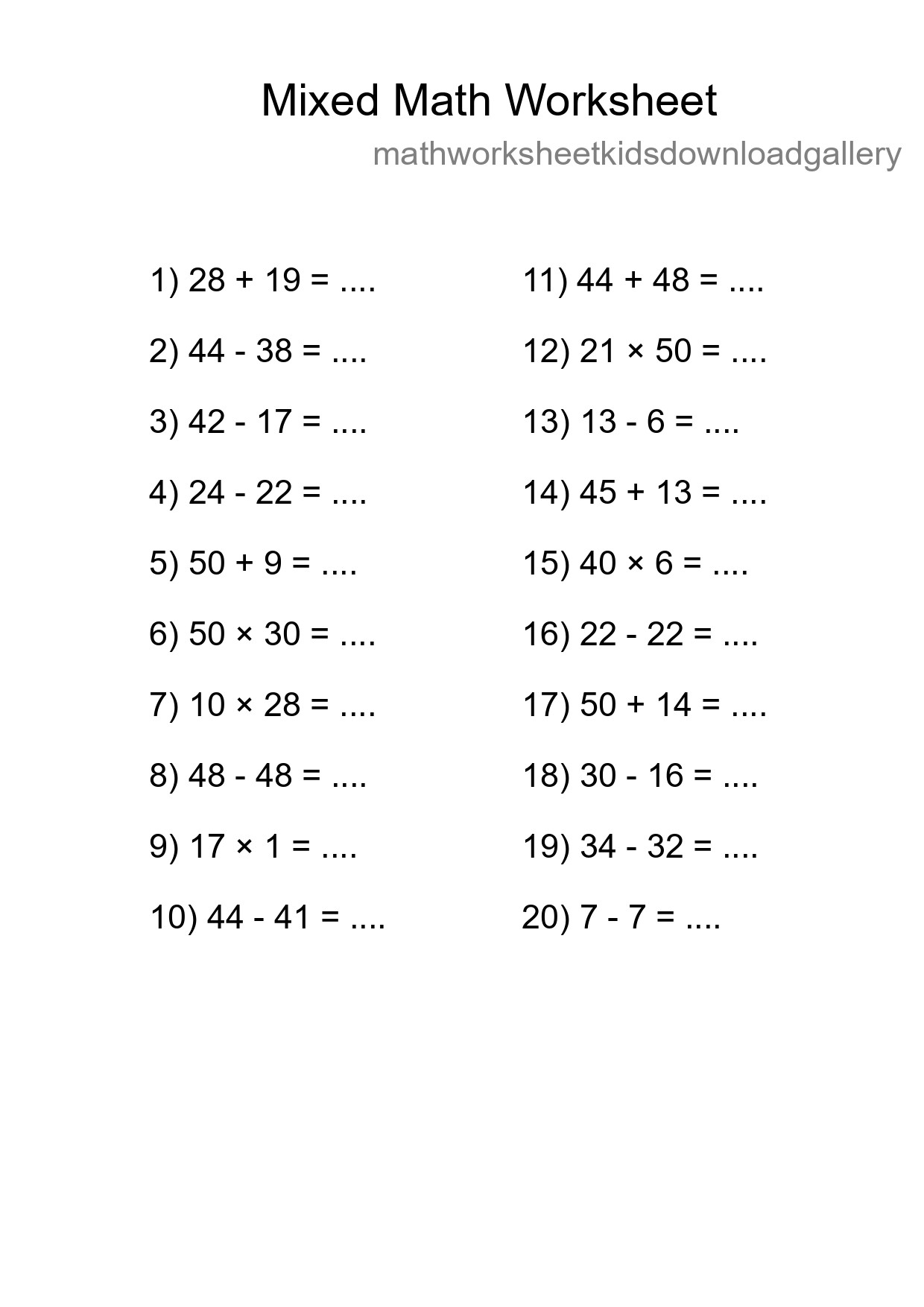 Mixed Operations Math Worksheet