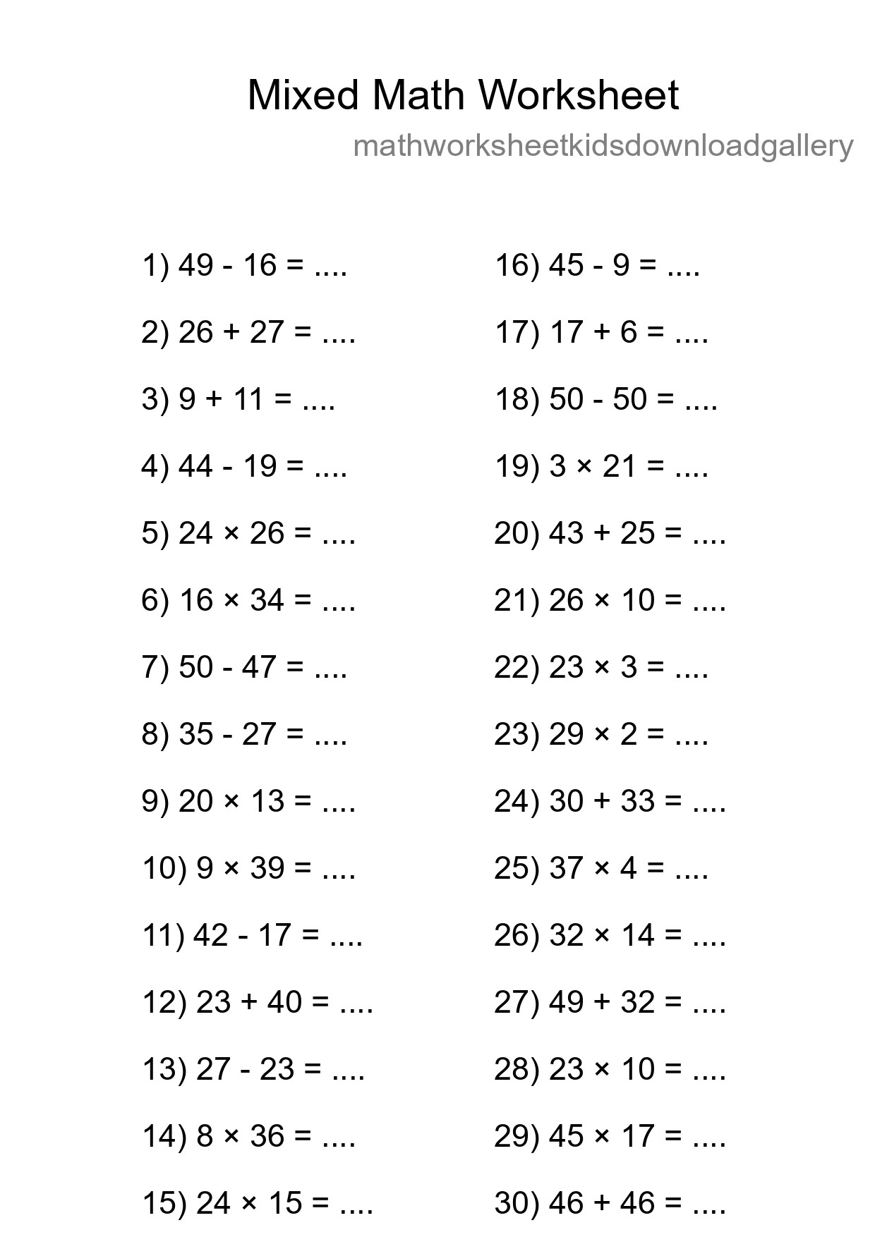 Mixed Operations Math Worksheet