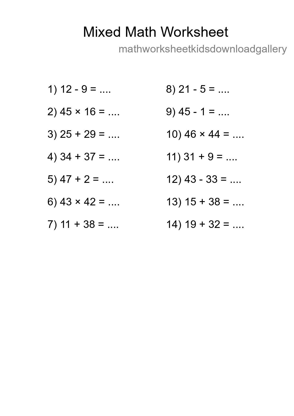 Mixed Operations Math Worksheet